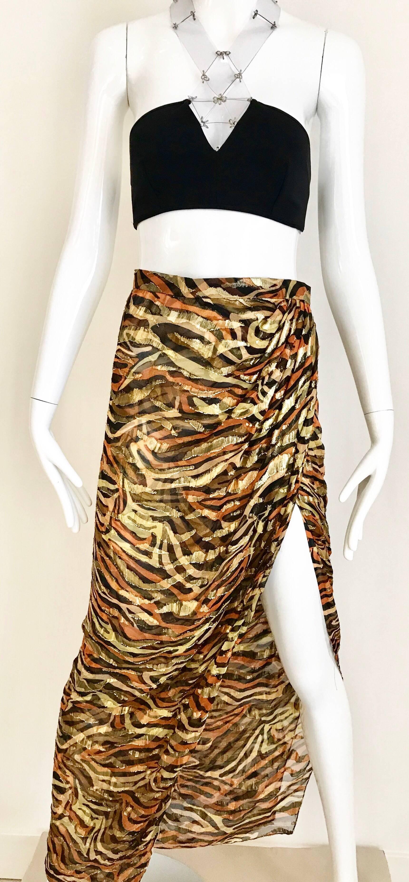 Women's Vintage Bill Blass Gold Metallic Animal Print Silk Lamè Wrap Skirt