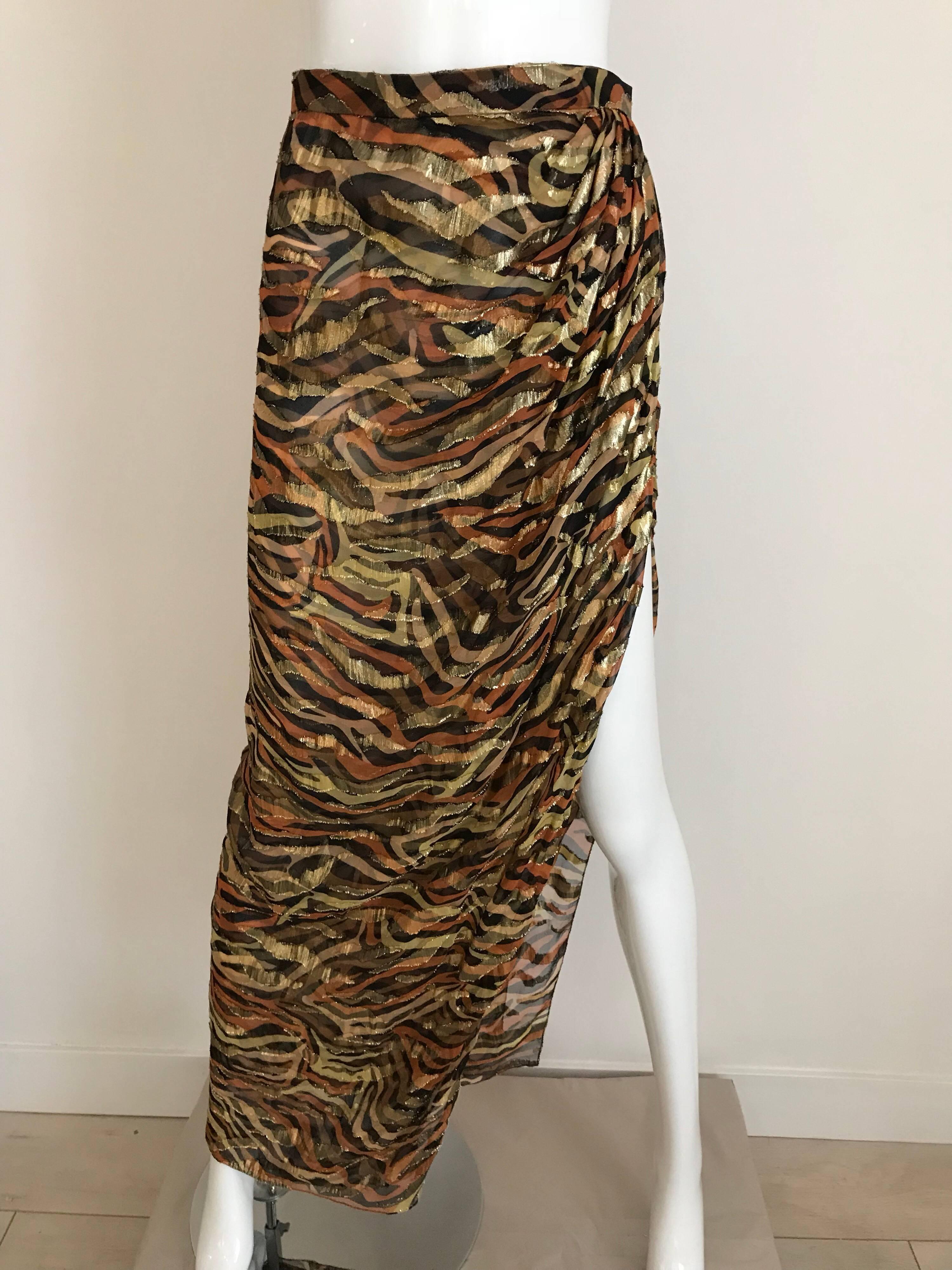 Vintage Bill Blass Gold Metallic Animal Print Silk Lamè Wrap Skirt 2