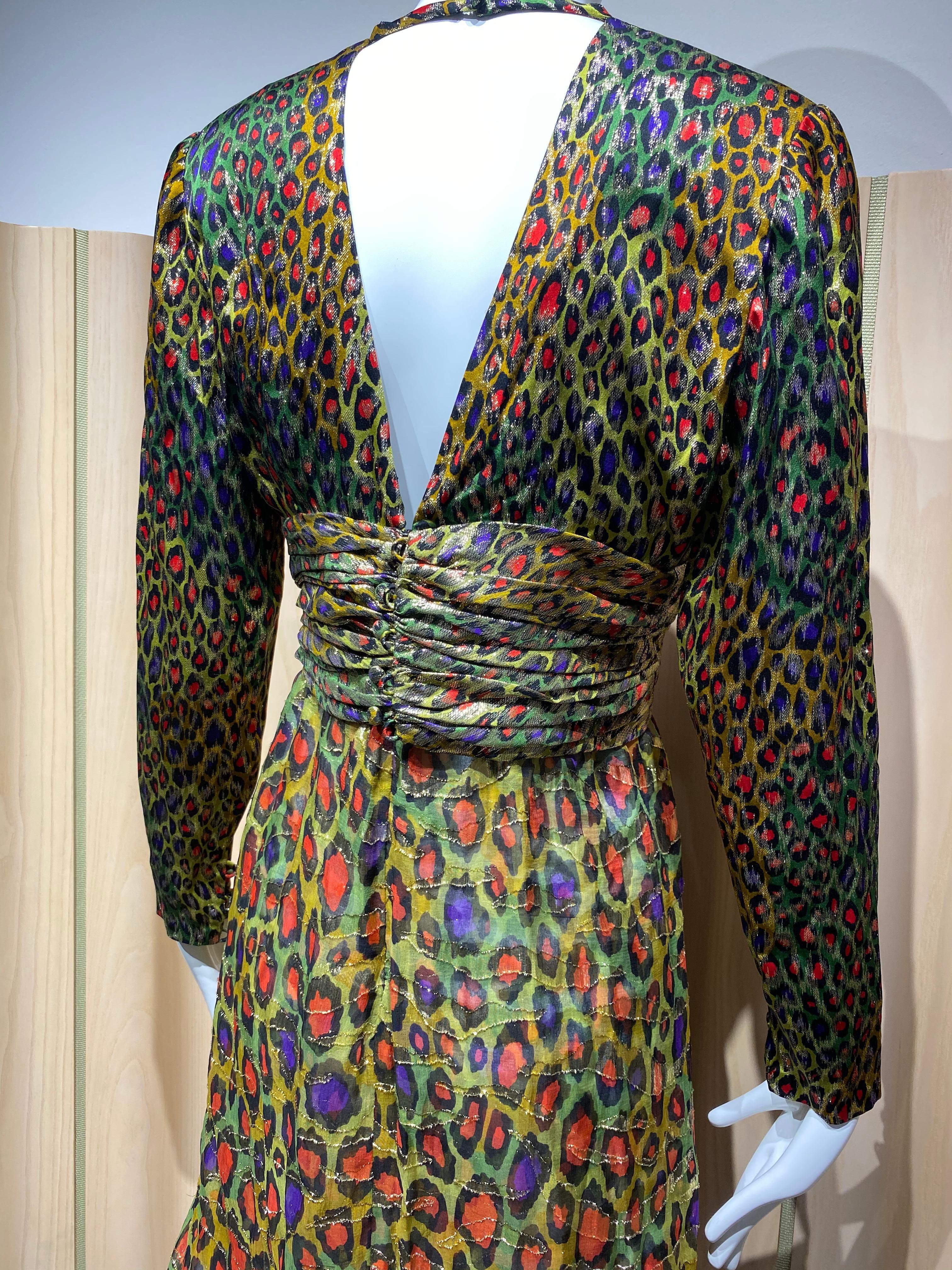 Brown Vintage Bill Blass Green, Red and Gold Print Silk Dress For Sale