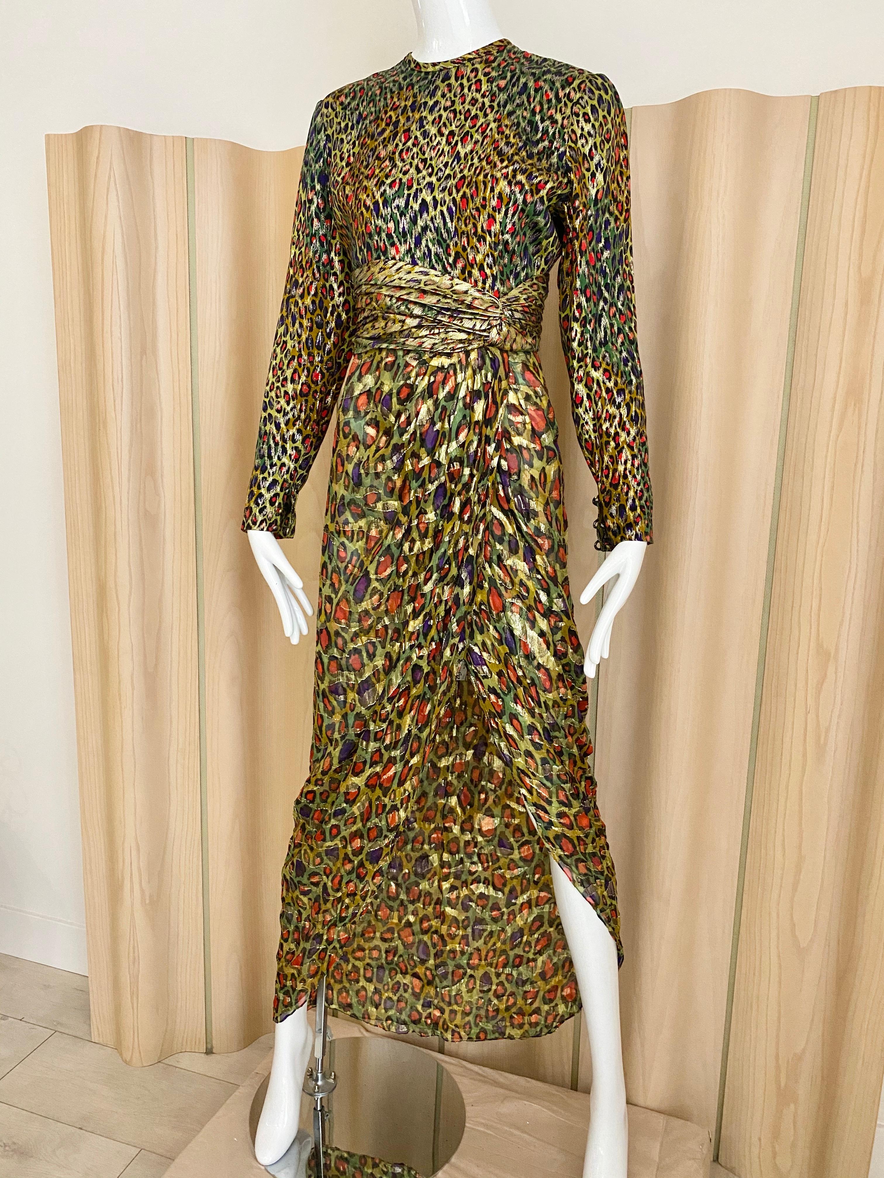 Women's Vintage Bill Blass Green, Red and Gold Print Silk Dress For Sale