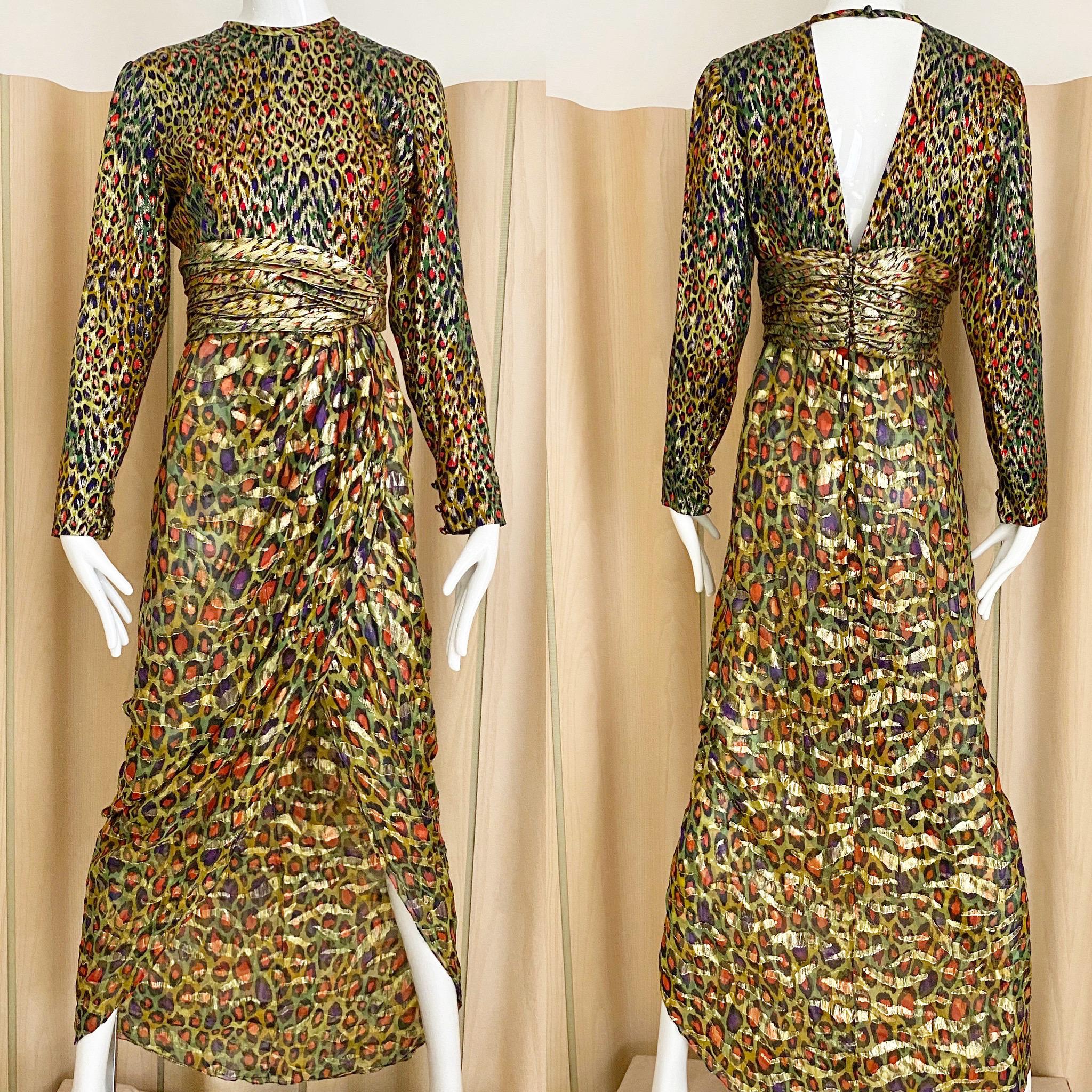 Vintage Bill Blass Green, Red and Gold Print Silk Dress For Sale 1