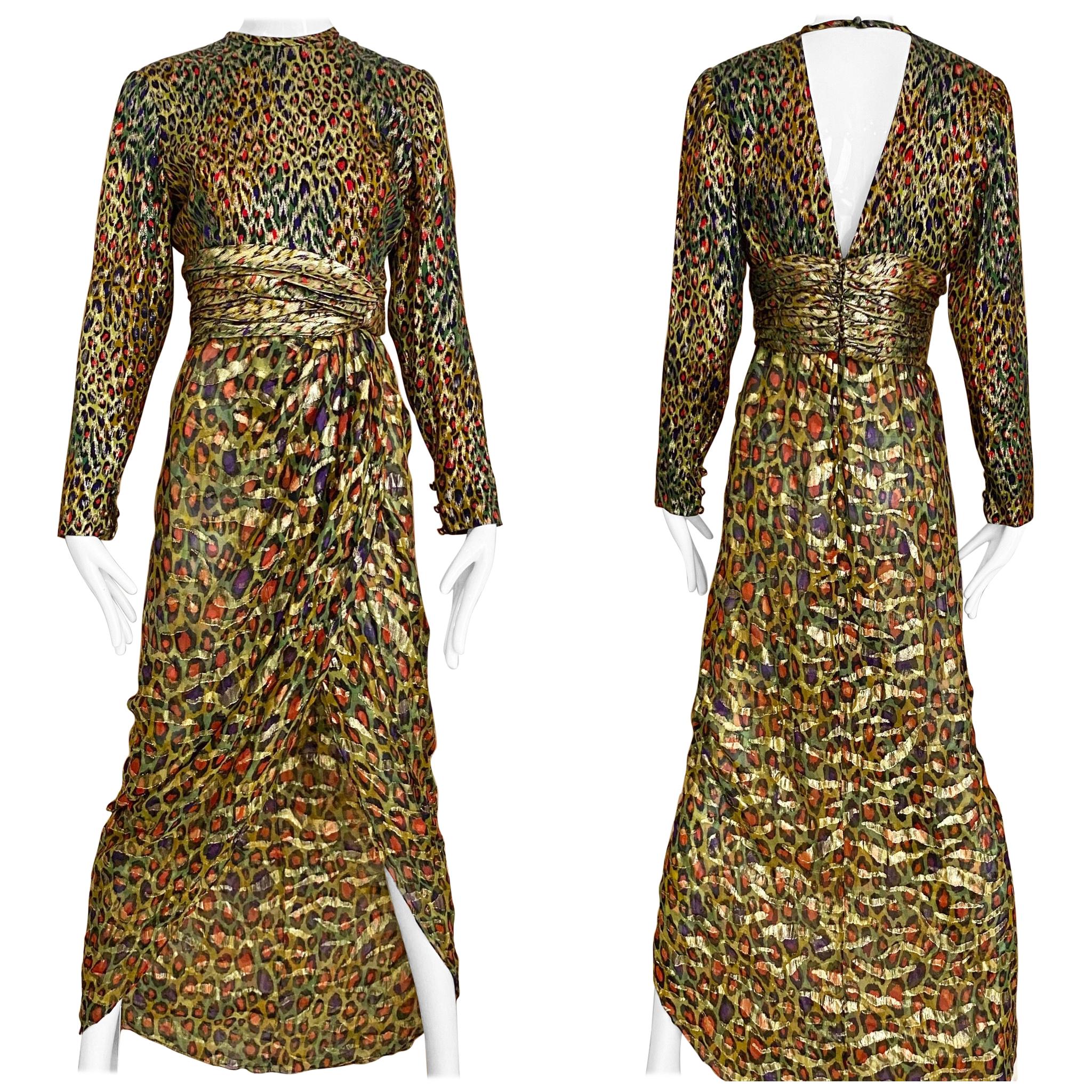 Vintage Bill Blass Green, Red and Gold Print Silk Dress For Sale