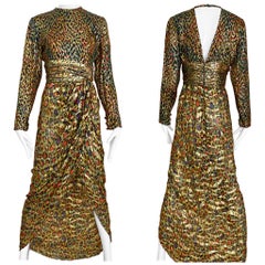 Vintage Bill Blass Green, Red and Gold Print Silk Dress