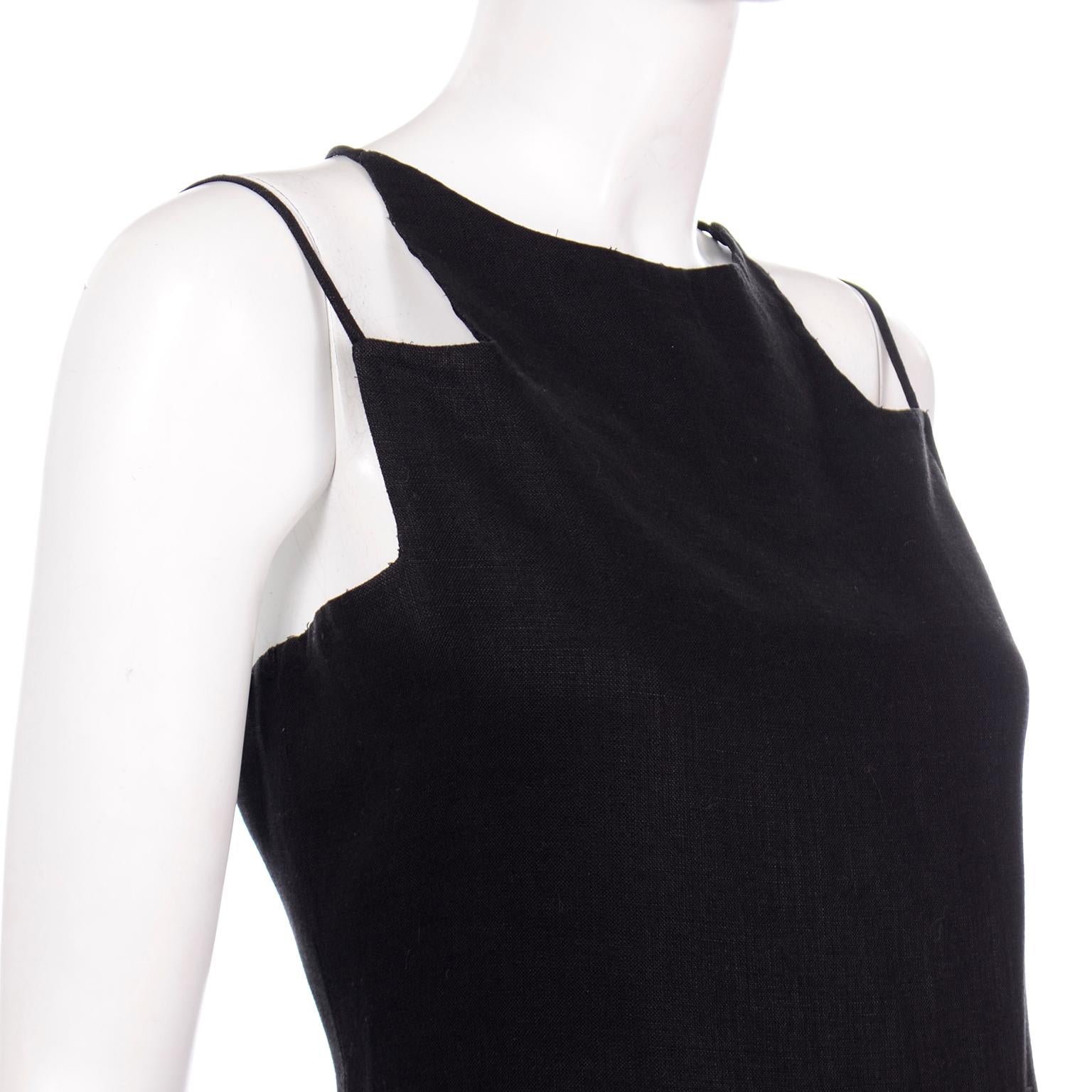 Vintage Bill Blass Linen Little Black Evening Dress W Cutout Neckline & Low Back In Excellent Condition For Sale In Portland, OR