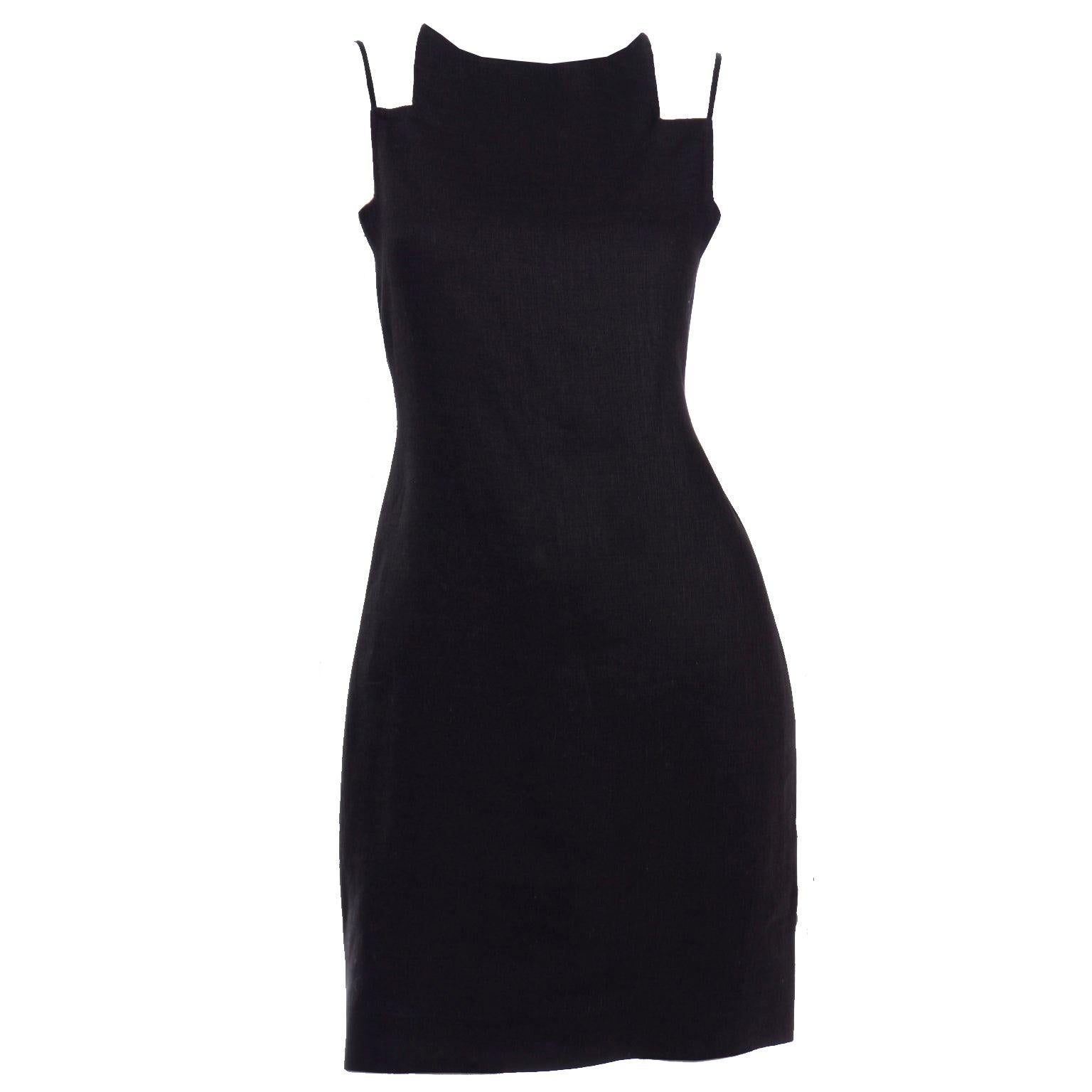 Vintage Bill Blass Linen Little Black Evening Dress W Cutout Neckline & Low Back