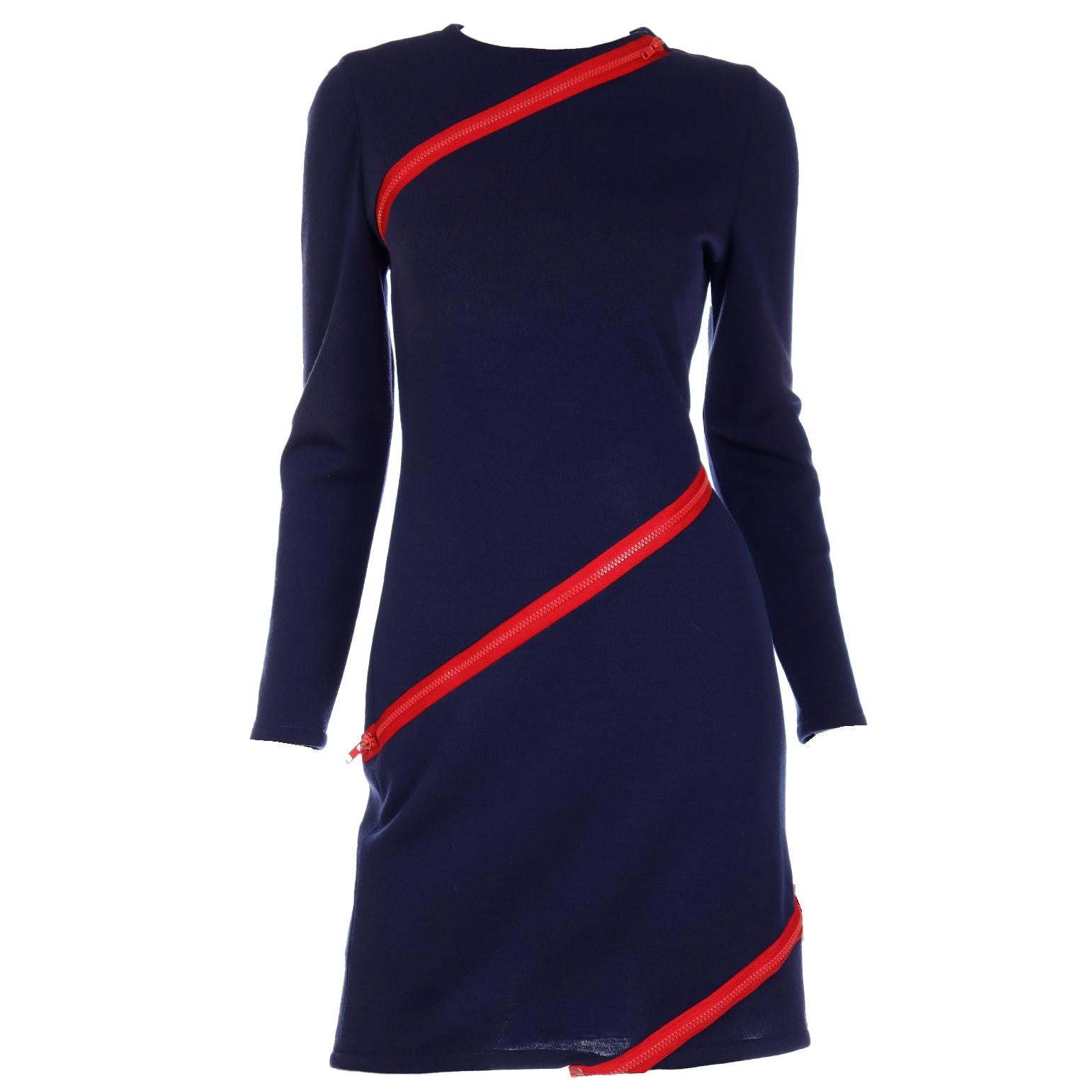 Vintage Bill Blass Navy Blue Knit Dress With Functional Red Zippers For Sale 8