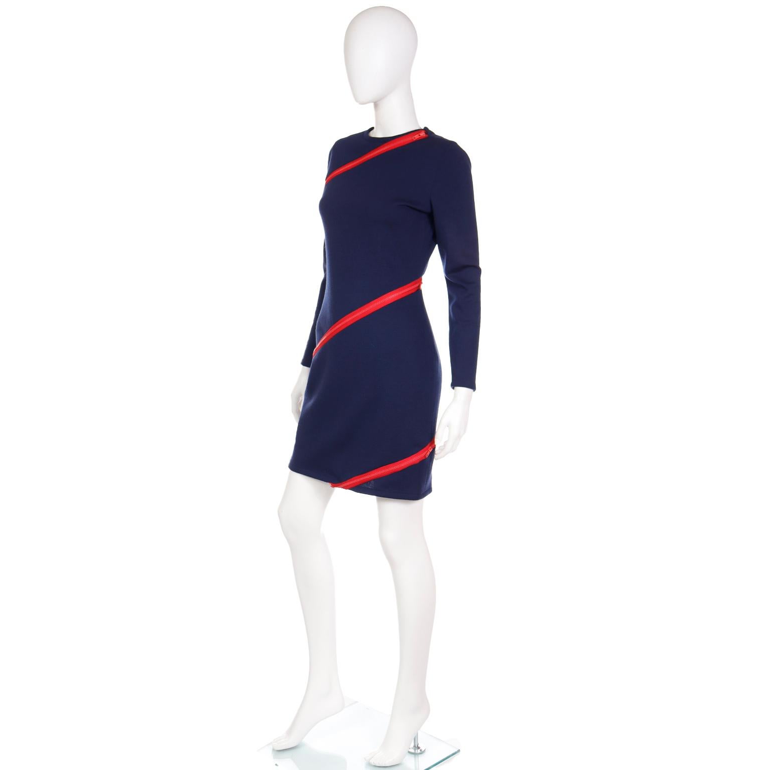 Vintage Bill Blass Navy Blue Knit Dress With Functional Red Zippers In Excellent Condition For Sale In Portland, OR