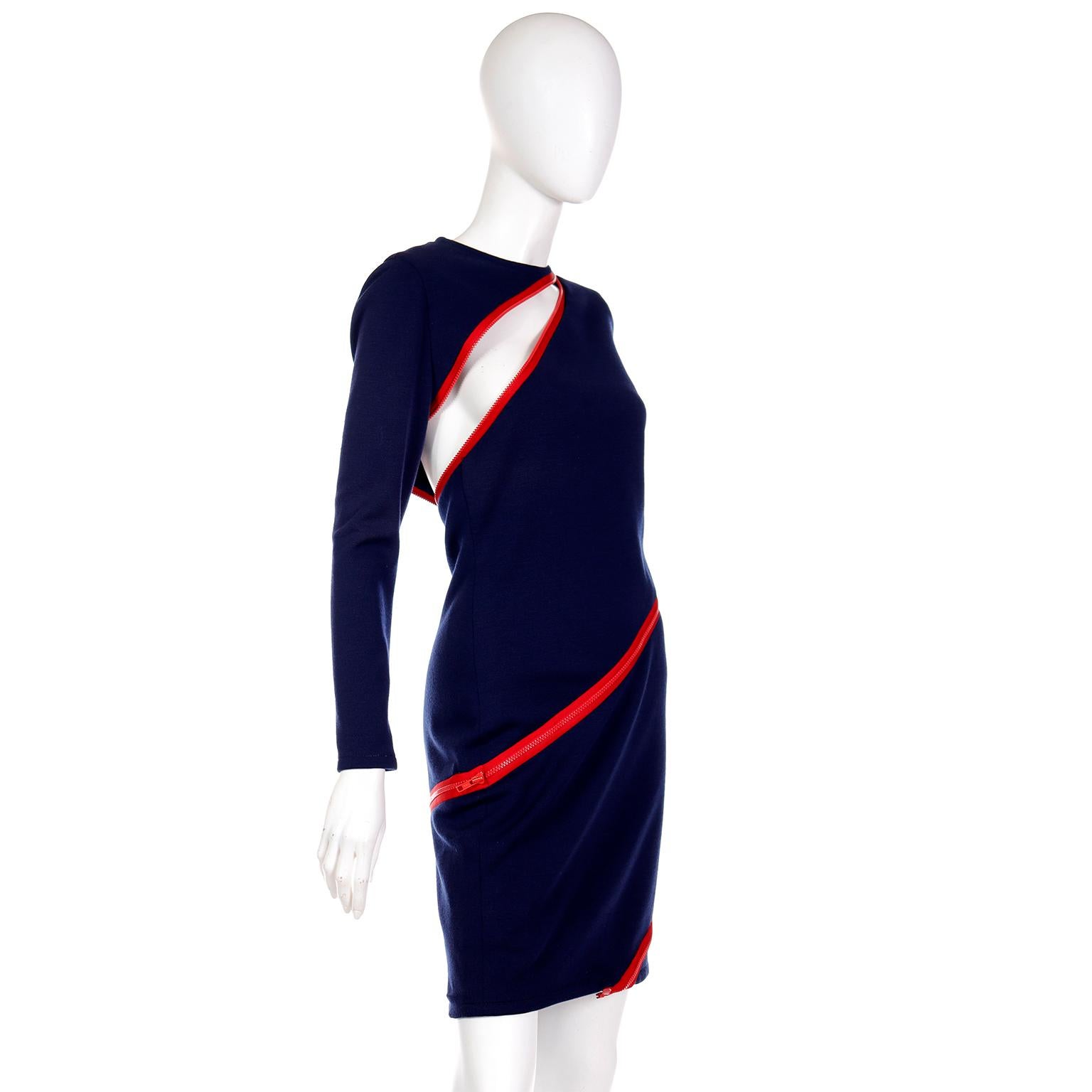 Vintage Bill Blass Navy Blue Knit Dress With Functional Red Zippers For Sale 1
