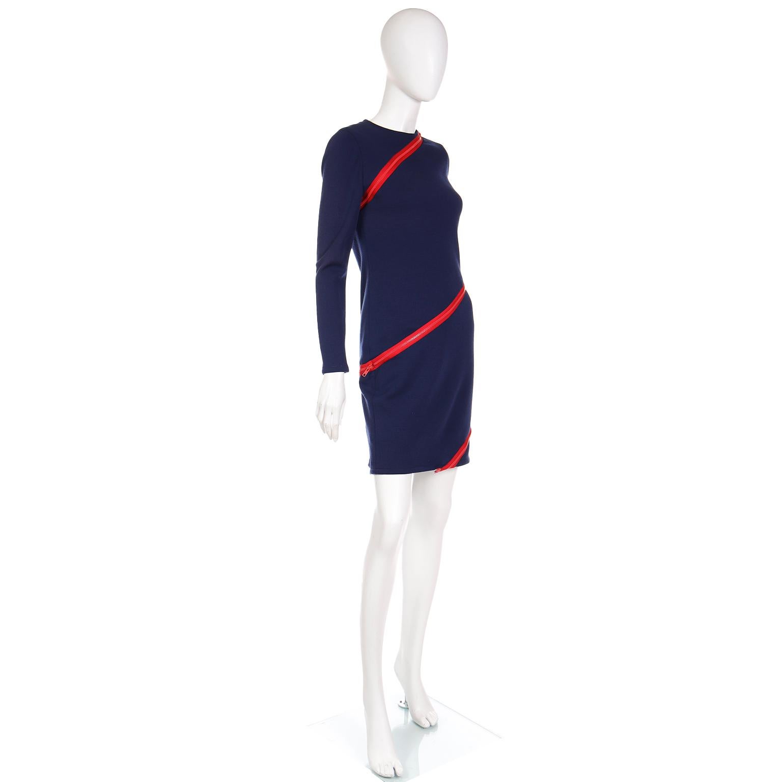 Vintage Bill Blass Navy Blue Knit Dress With Functional Red Zippers For Sale 2