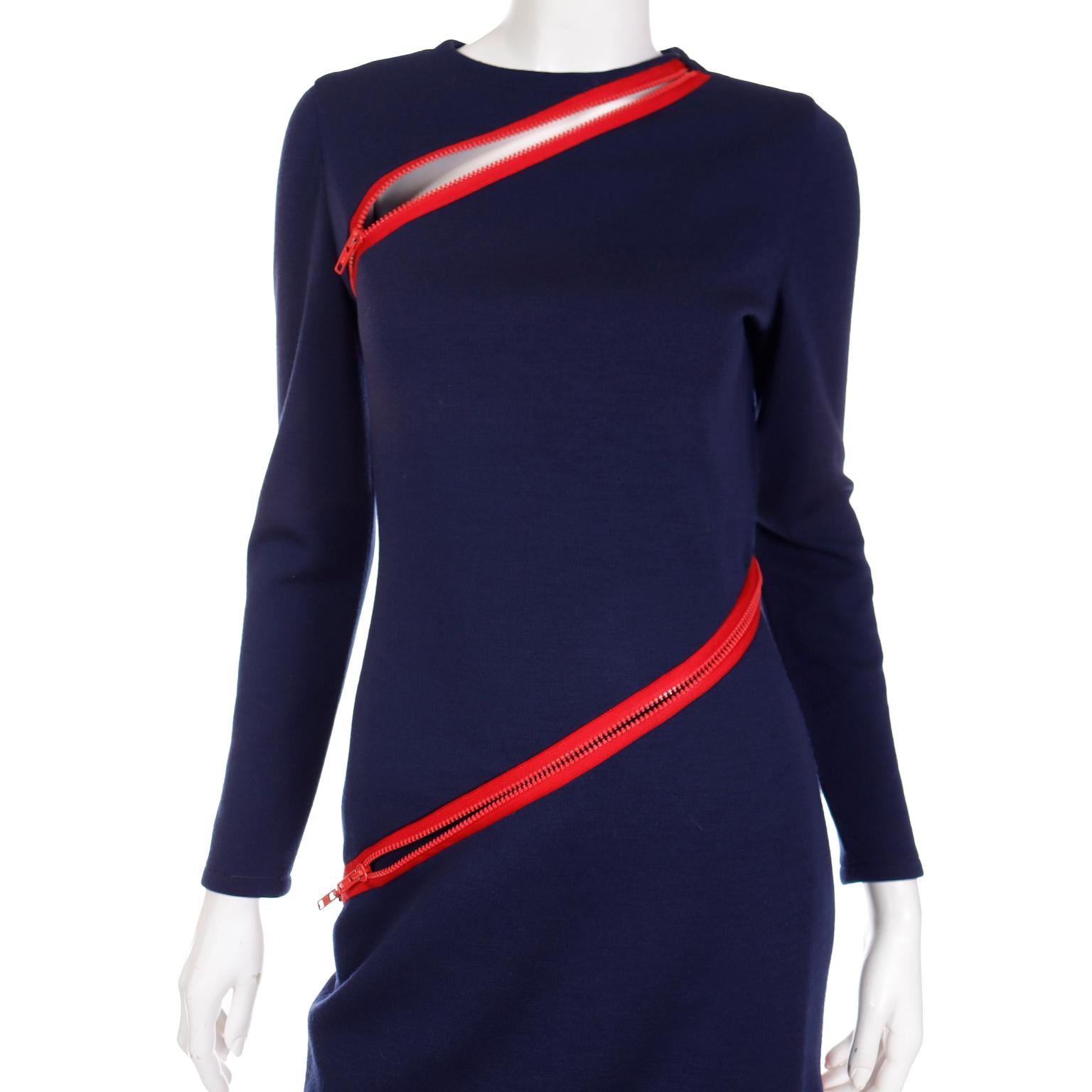 Vintage Bill Blass Navy Blue Knit Dress With Functional Red Zippers For Sale 3