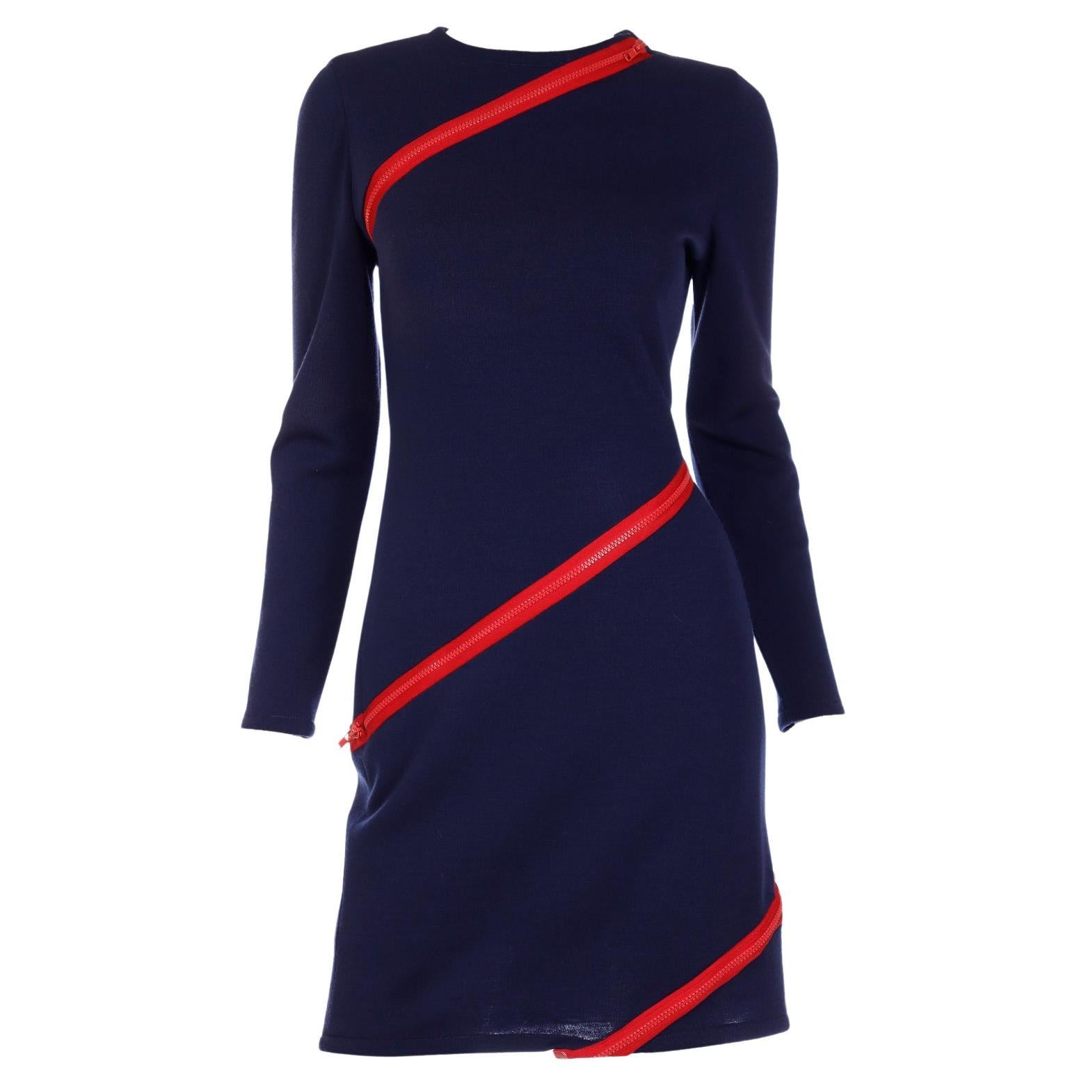 Vintage Bill Blass Navy Blue Knit Dress With Functional Red Zippers For Sale