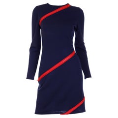 Vintage Bill Blass Navy Blue Knit Dress With Functional Red Zippers