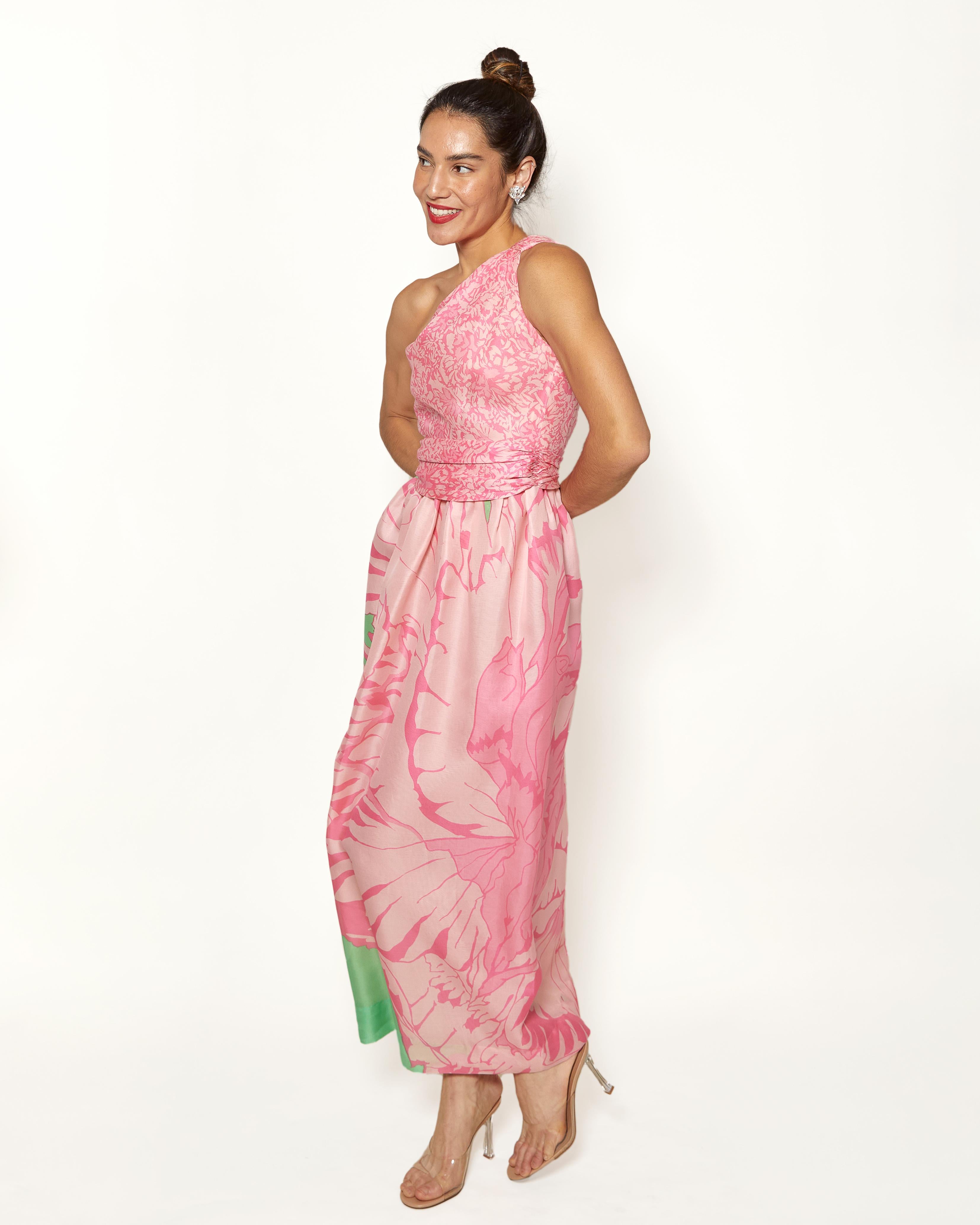 Beige Vintage Bill Blass One Shoulder Pastel Pink and Green Floral Gown