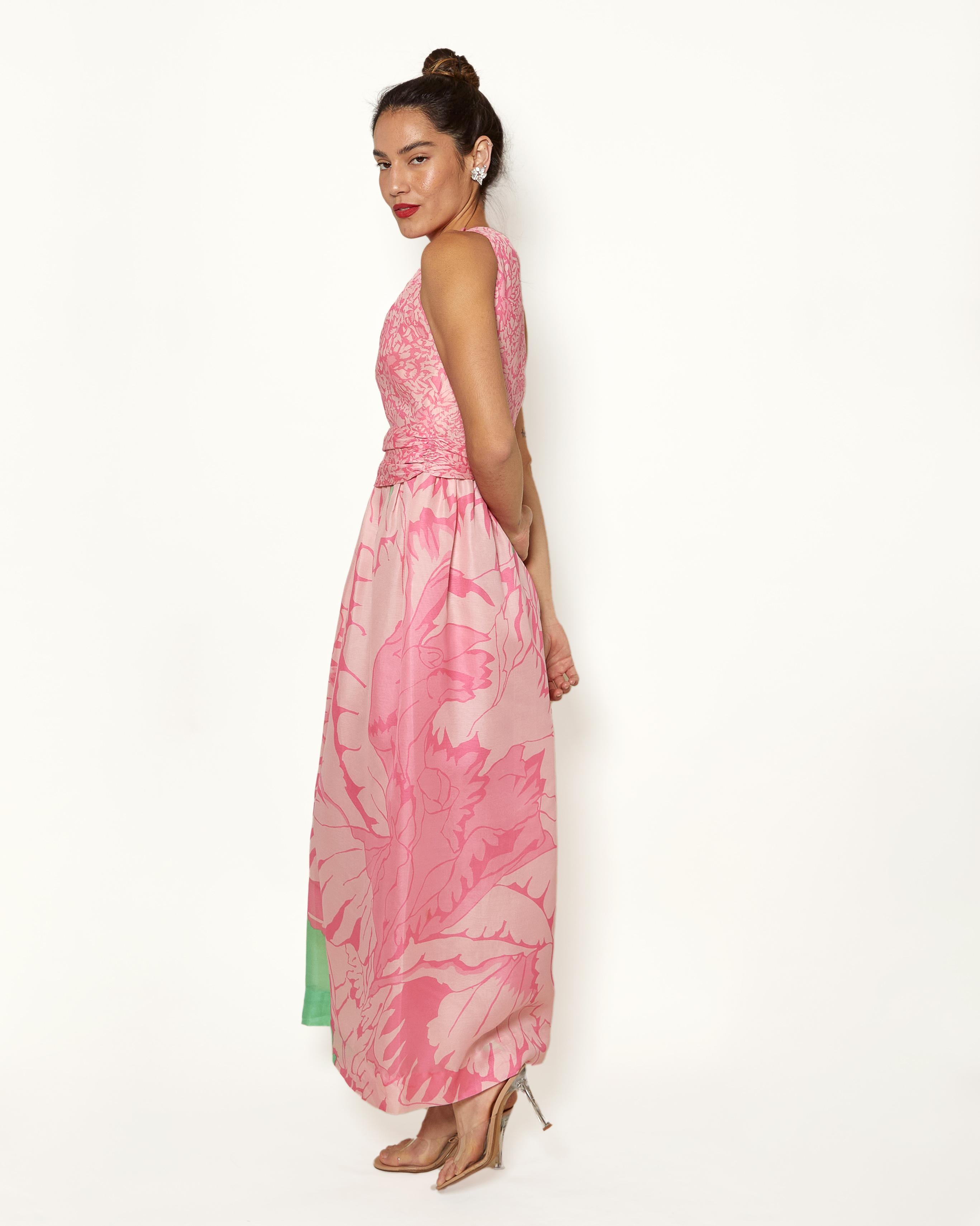 Vintage Bill Blass One Shoulder Pastel Pink and Green Floral Gown In Good Condition In Los Angeles, CA