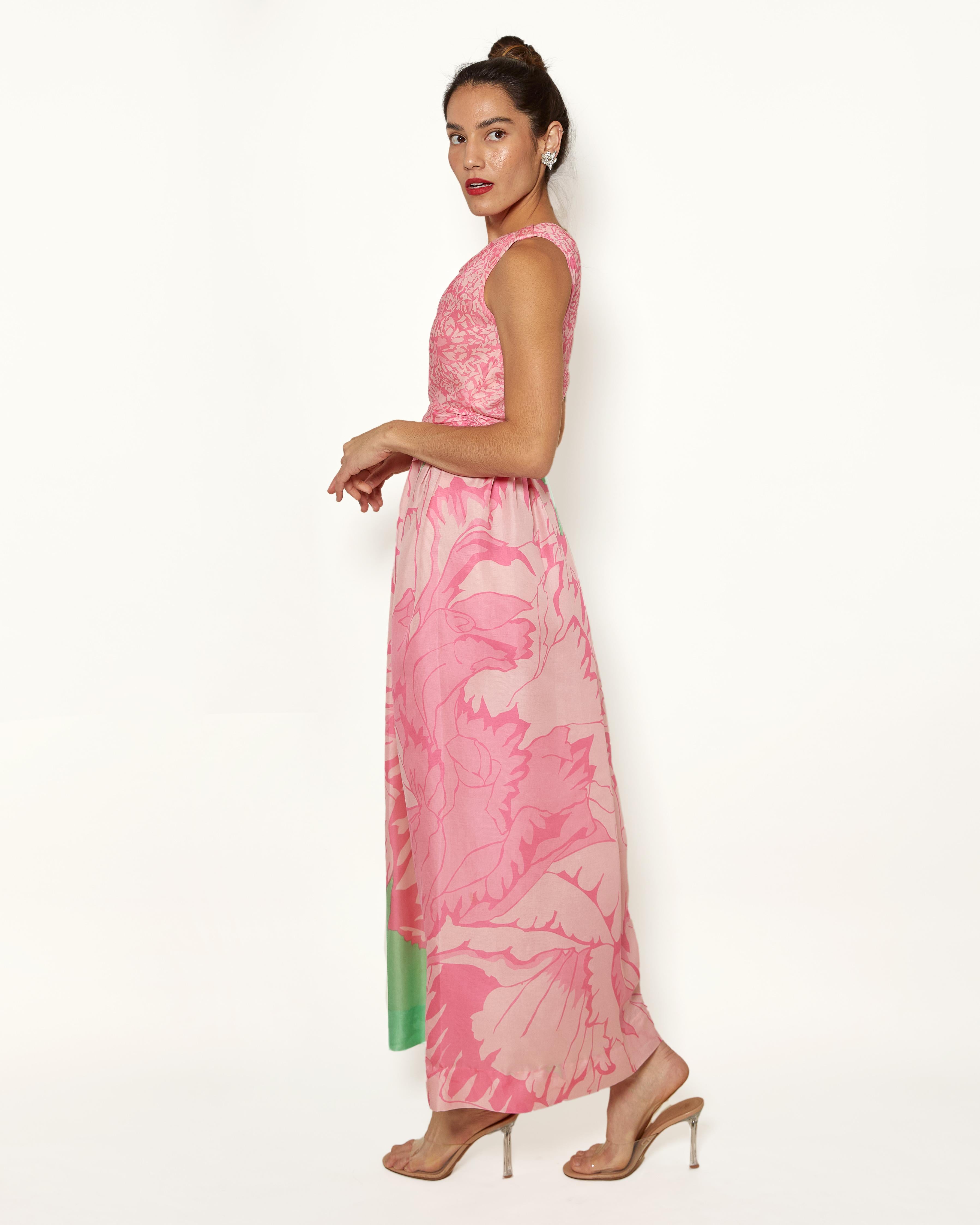 Women's Vintage Bill Blass One Shoulder Pastel Pink and Green Floral Gown