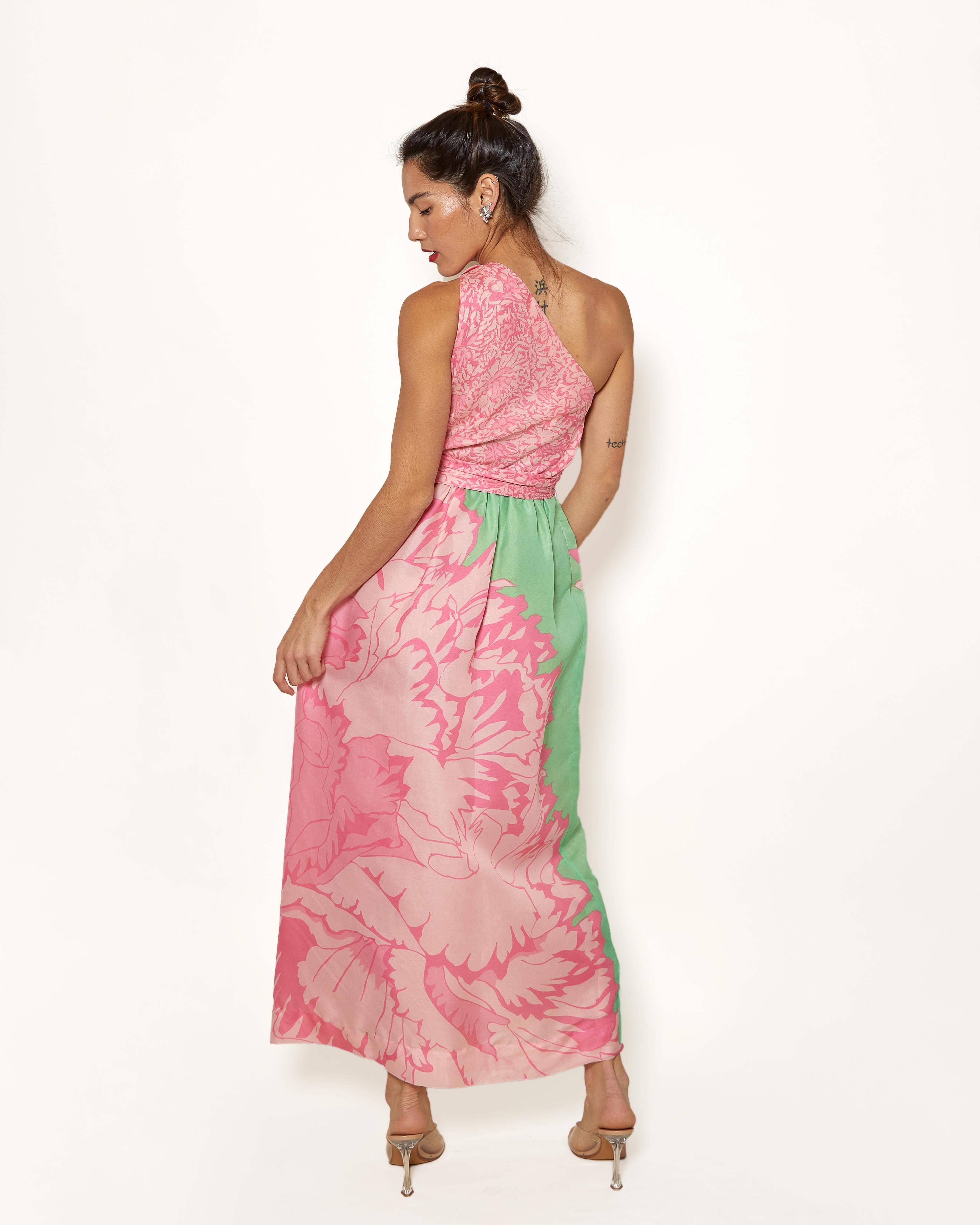 Vintage Bill Blass One Shoulder Pastel Pink and Green Floral Gown 1