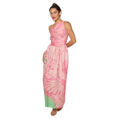 Vintage Bill Blass One Shoulder Pastel Pink and Green Floral Gown