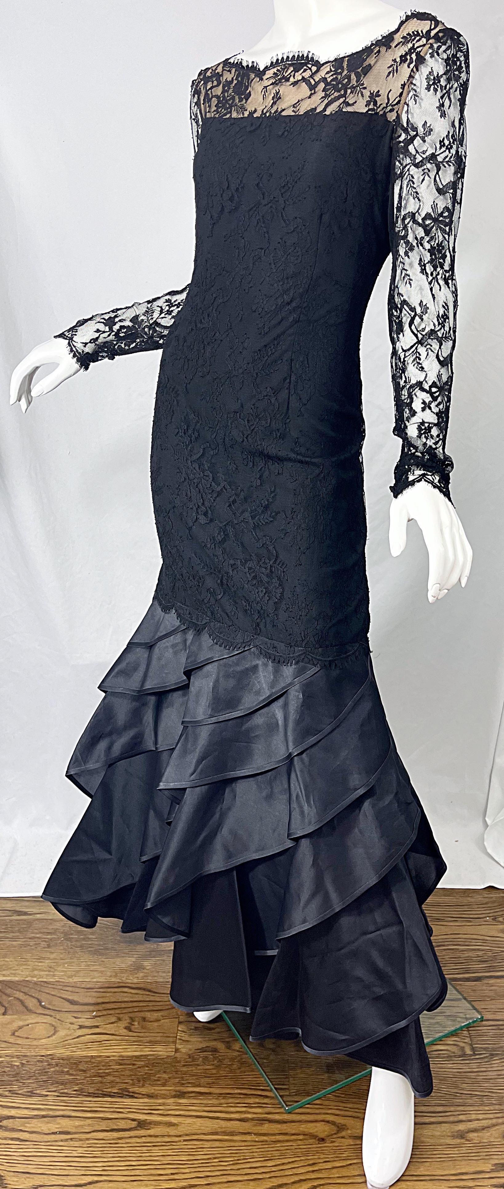 Vintage Bill Blass Size 10 12 Black Chantilly Silk Satin Lace 1990s Evening Gown For Sale 4