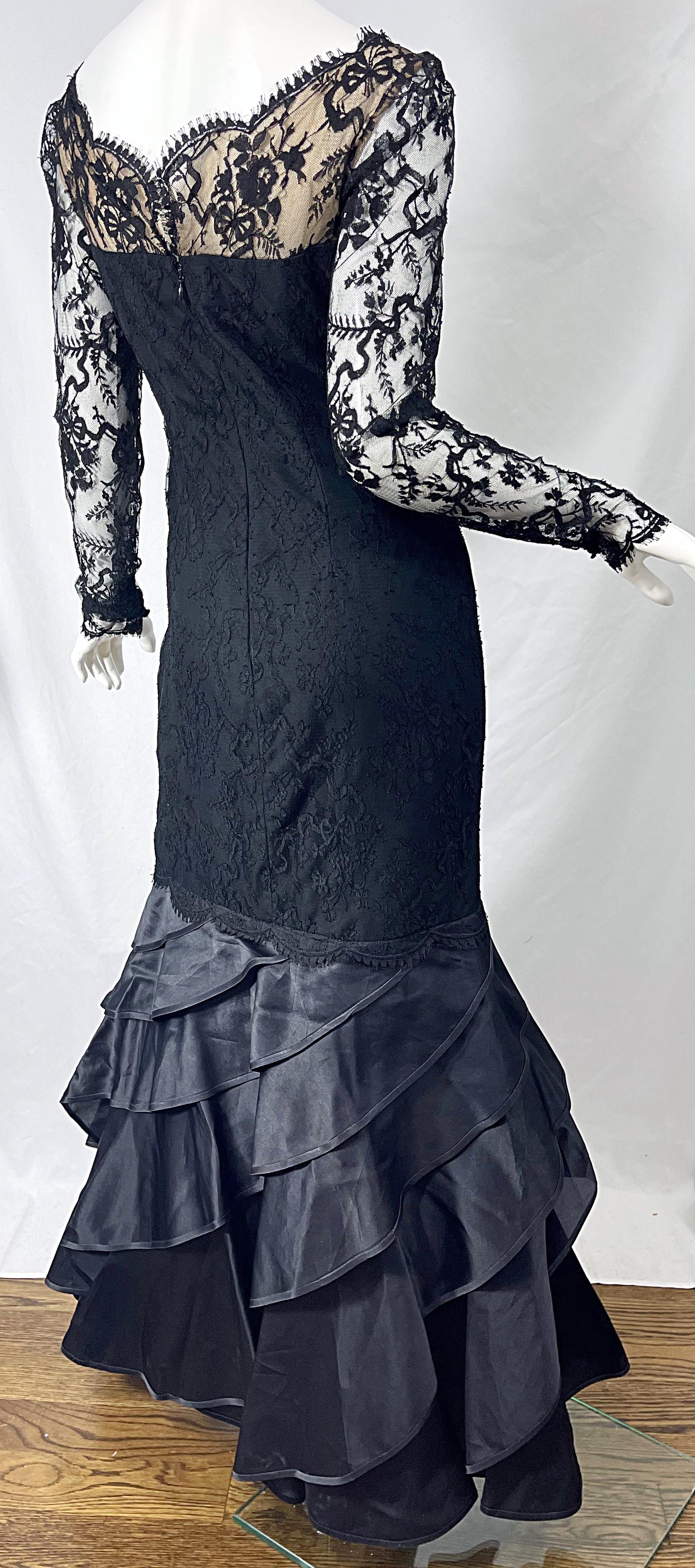 Vintage Bill Blass Size 10 12 Black Chantilly Silk Satin Lace 1990s Evening Gown For Sale 5