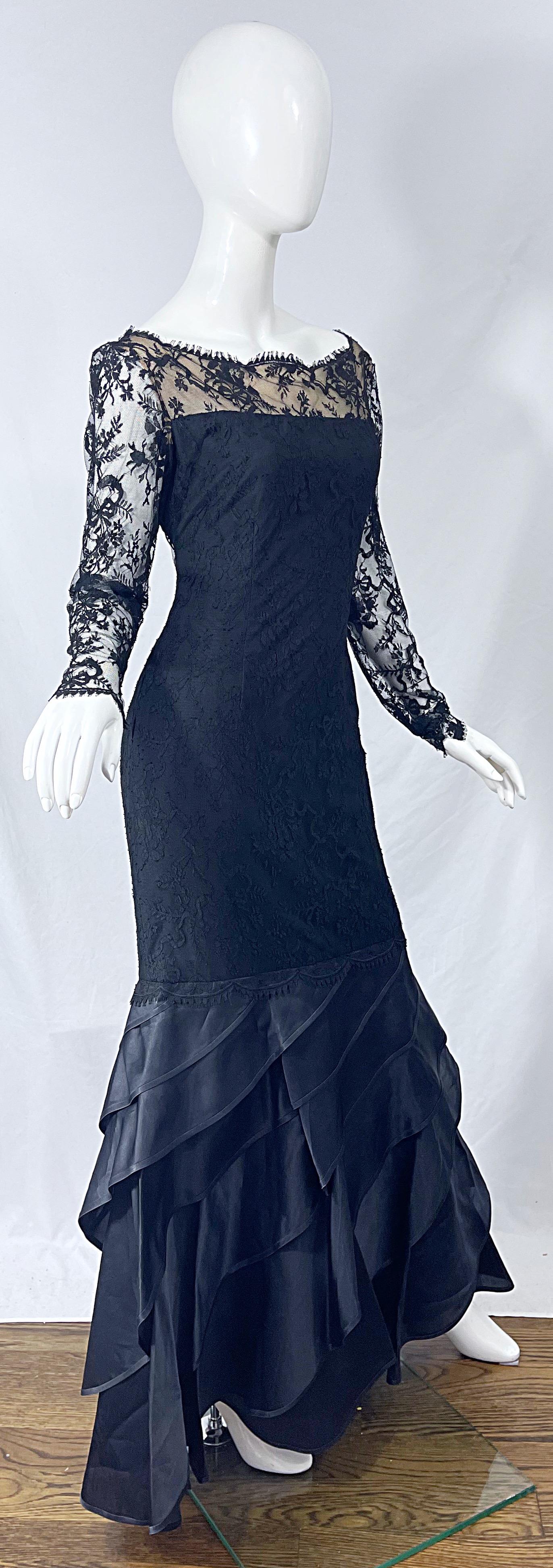 Vintage Bill Blass Size 10 12 Black Chantilly Silk Satin Lace 1990s Evening Gown For Sale 6