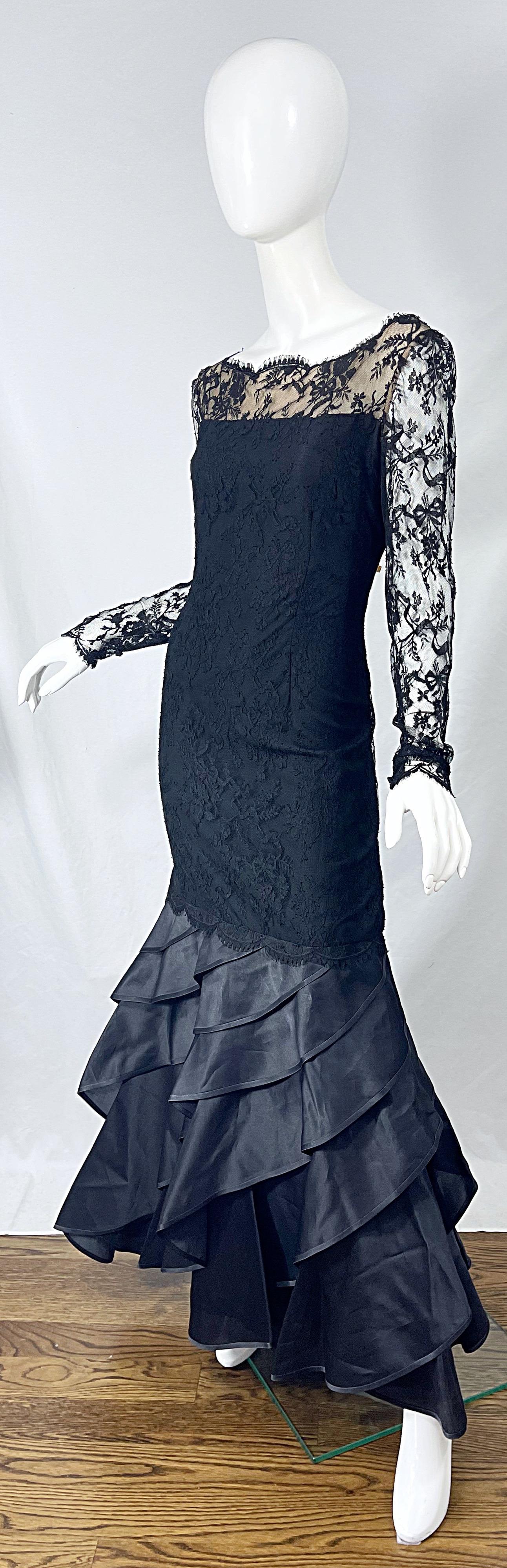 Vintage Bill Blass Size 10 12 Black Chantilly Silk Satin Lace 1990s Evening Gown For Sale 8