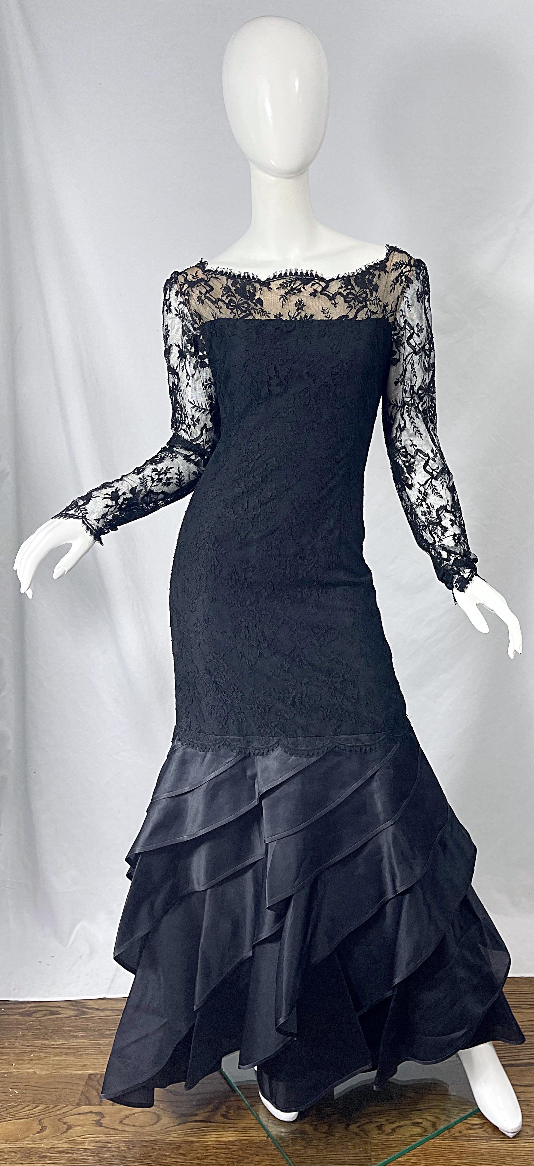 Vintage Bill Blass Size 10 12 Black Chantilly Silk Satin Lace 1990s Evening Gown For Sale 9