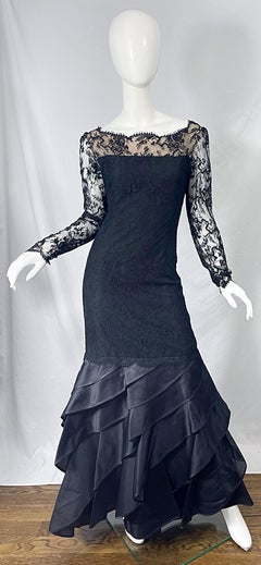 Vintage Bill Blass Size 10 12 Black Chantilly Silk Satin Lace 1990s Evening Gown
