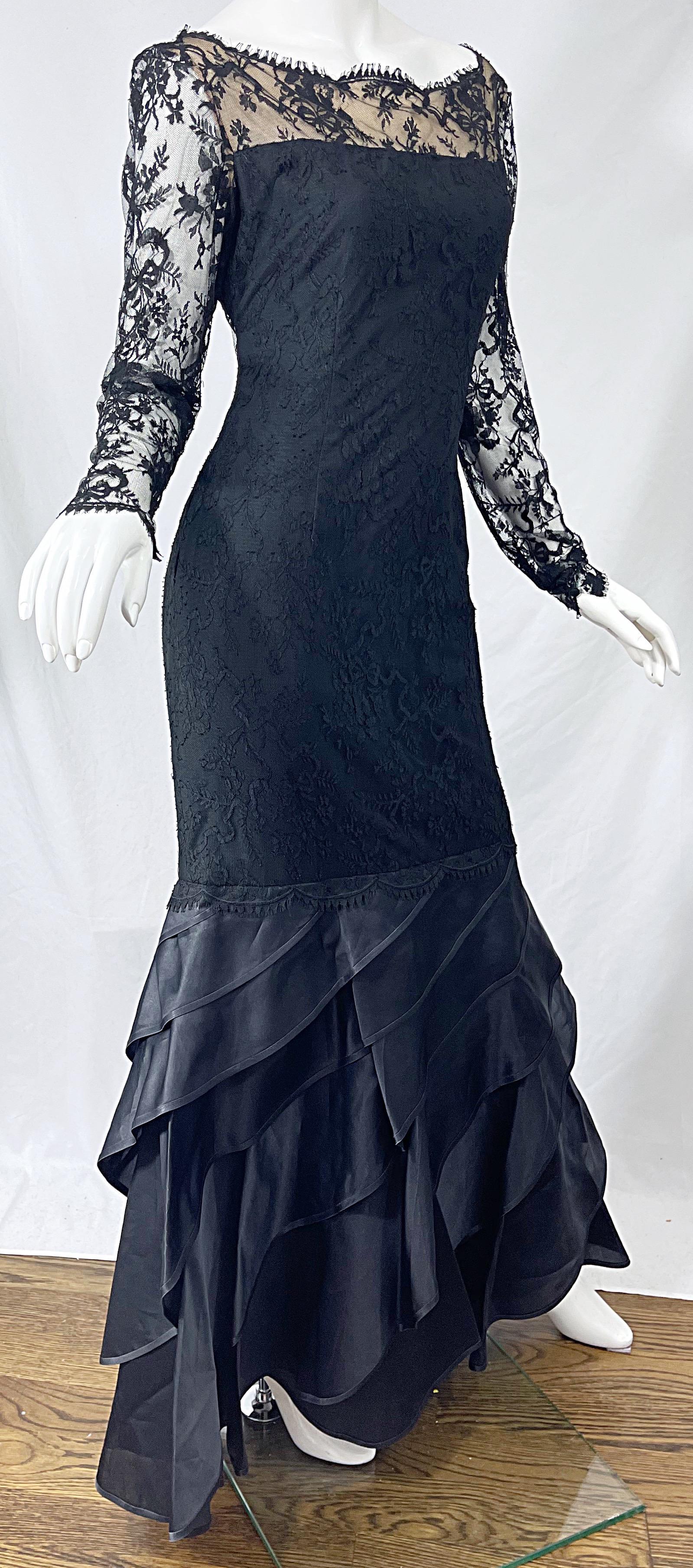 Vintage Bill Blass Size 10 12 Black Chantilly Silk Satin Lace 1990s Evening Gown For Sale 1