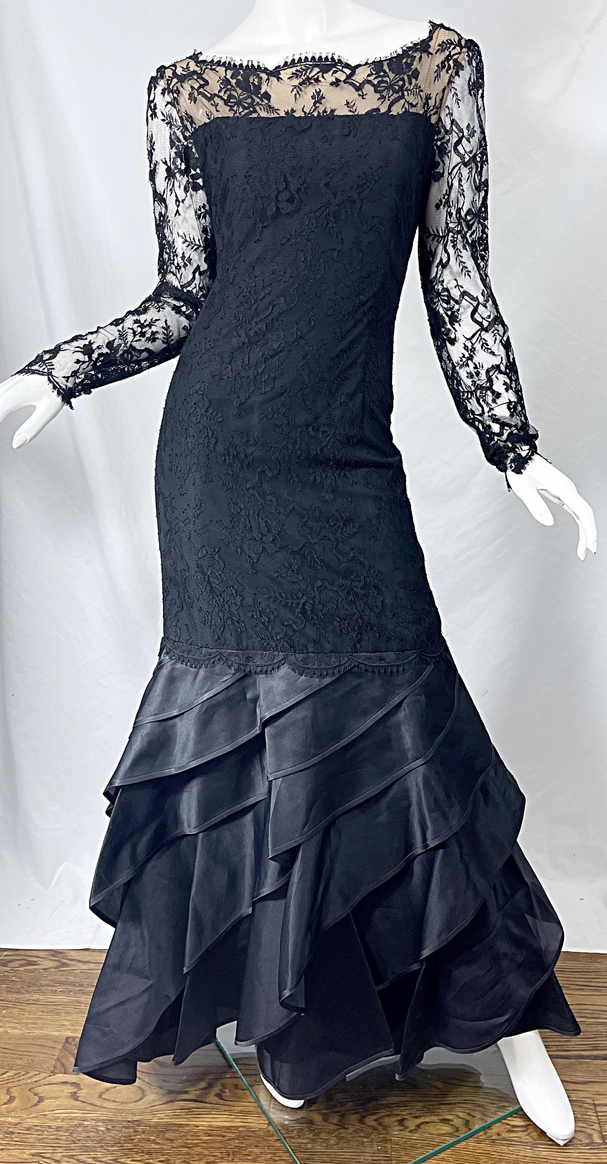 Vintage Bill Blass Size 10 12 Black Chantilly Silk Satin Lace 1990s Evening Gown For Sale 3