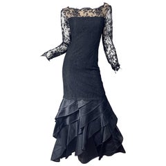 Vintage Bill Blass Size 10 12 Black Chantilly Silk Satin Lace 1990s Evening Gown