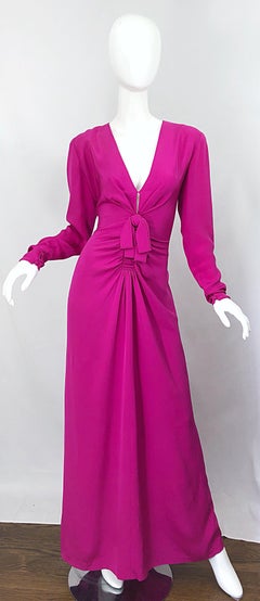 Vintage Bill Blass Size 8 / 10 Hot Pink Silk Jersey Cut - Out Evening Gown