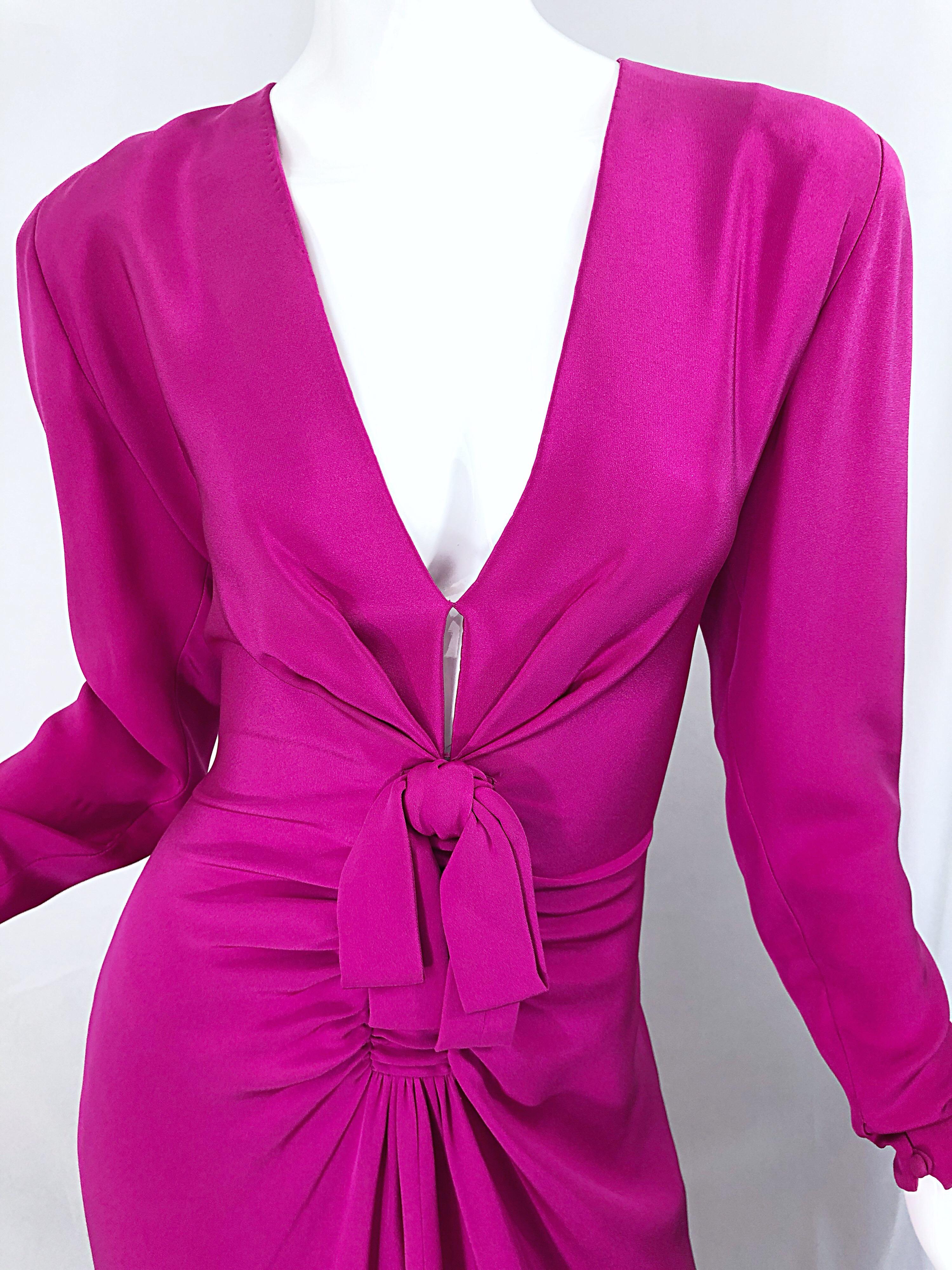 Vintage Bill Blass Size 8 / 10 Hot Pink Silk Jersey Cut - Out Evening Gown In Excellent Condition In San Diego, CA