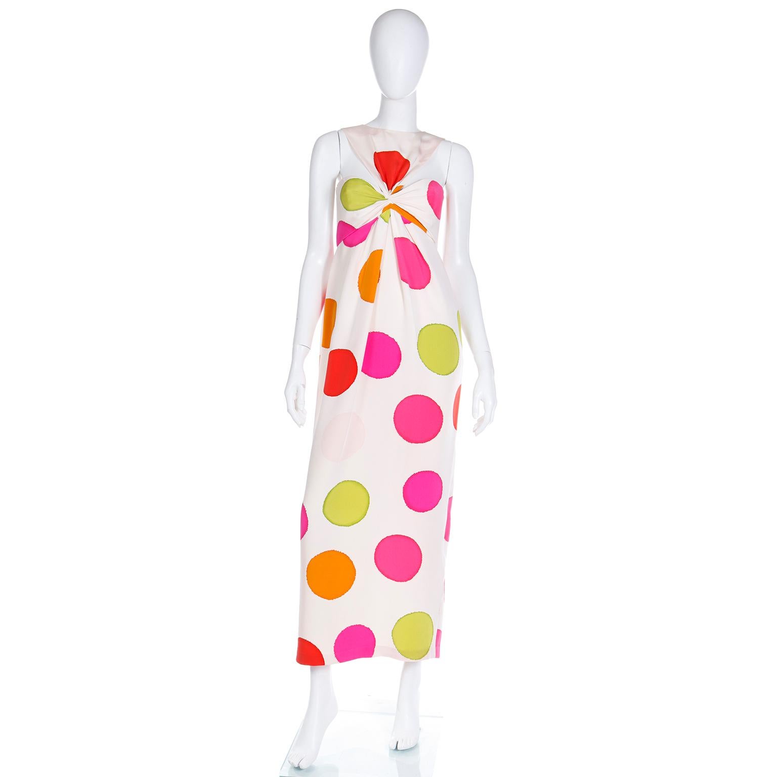Women's Vintage Bill Blass Spring 1994 Colorful Large Dot Silk Halter Evening Dress For Sale