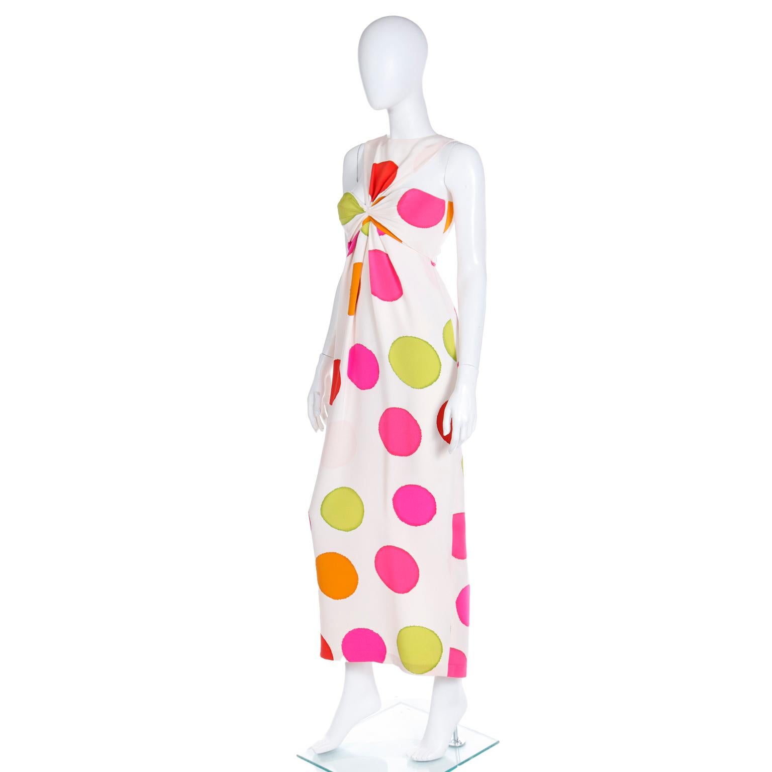 Vintage Bill Blass Spring 1994 Colorful Large Dot Silk Halter Evening Dress For Sale 1