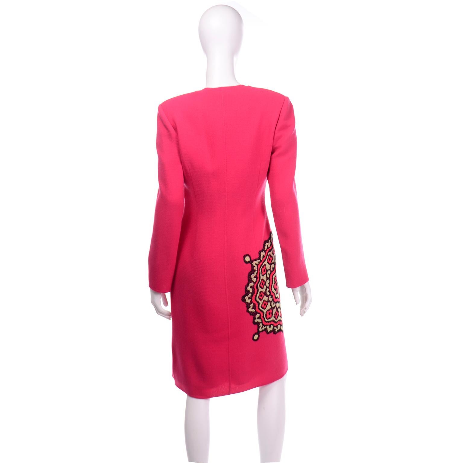 Women's Vintage Bill Blass Strawberry Red Pink Dress and Embroidered Coat Suit Outfit For Sale