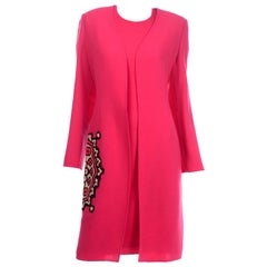 Vestito vintage di Bill Blass rosso fragola e rosa e cappotto ricamato