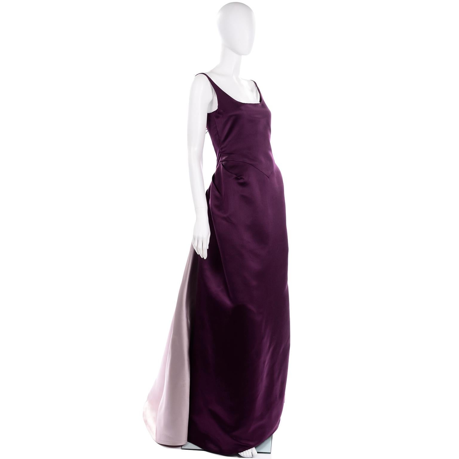 Black Vintage Bill Blass Two Toned Purple Satin Gathered Evening Dress Gown With Train