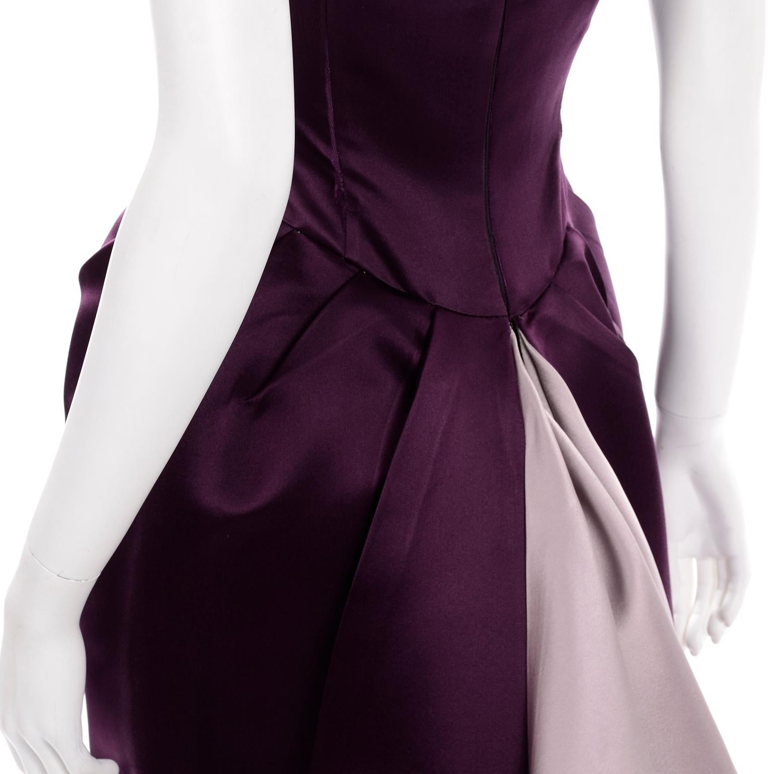 Vintage Bill Blass Two Toned Purple Satin Gathered Evening Dress Gown With Train In Excellent Condition In Portland, OR