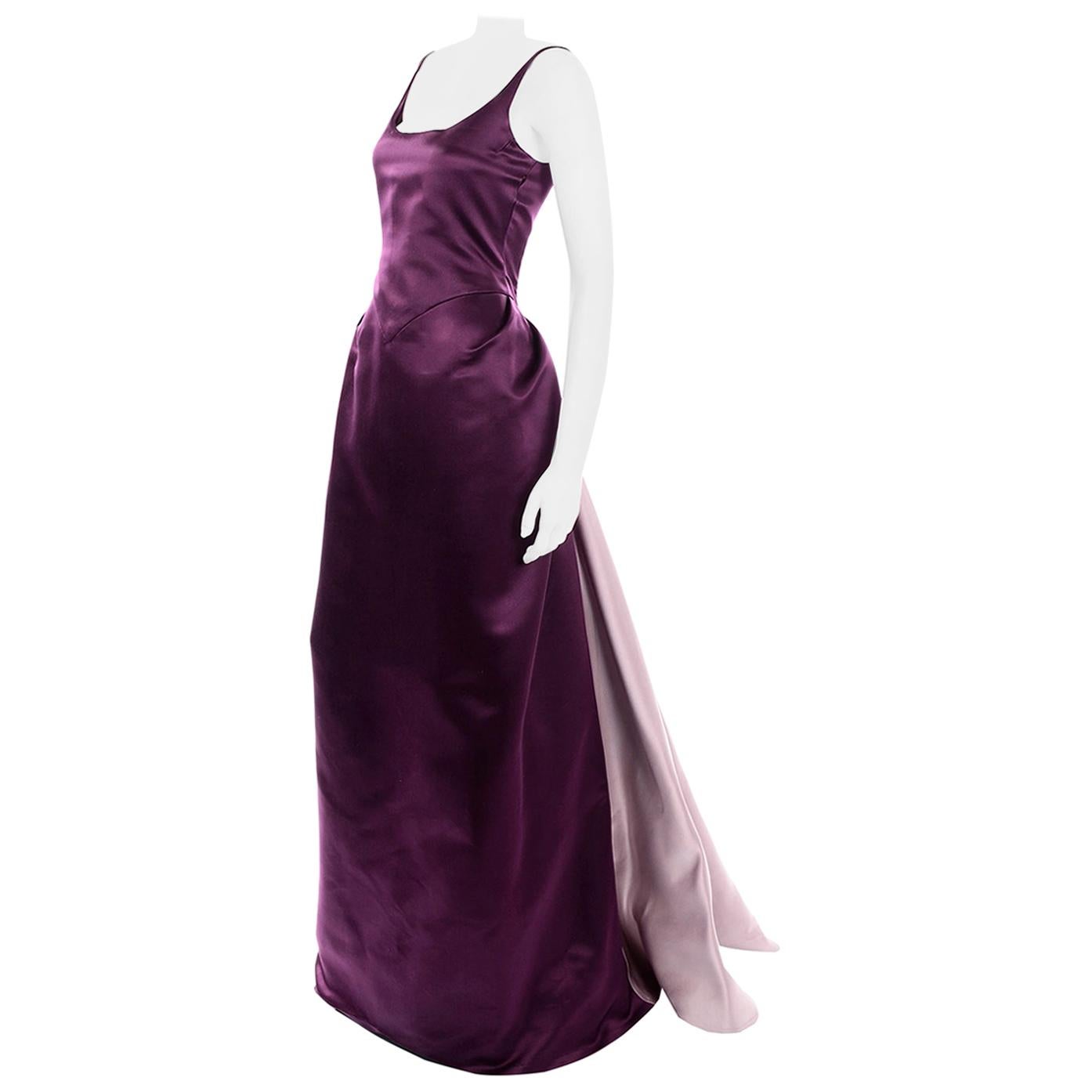 Vintage Bill Blass Two Toned Purple Satin Gathered Evening Dress Gown With Train 4