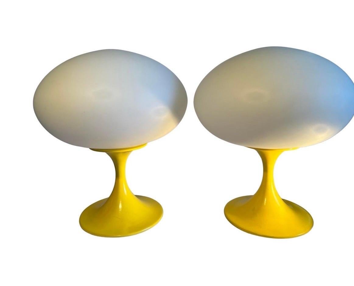 Pair, vintage Mid-Century Modern  table lamps likely an early design after Bill Curry’s Laurel Mushroom Lamp. Both beautiful and let off tons of light - modern wiring.