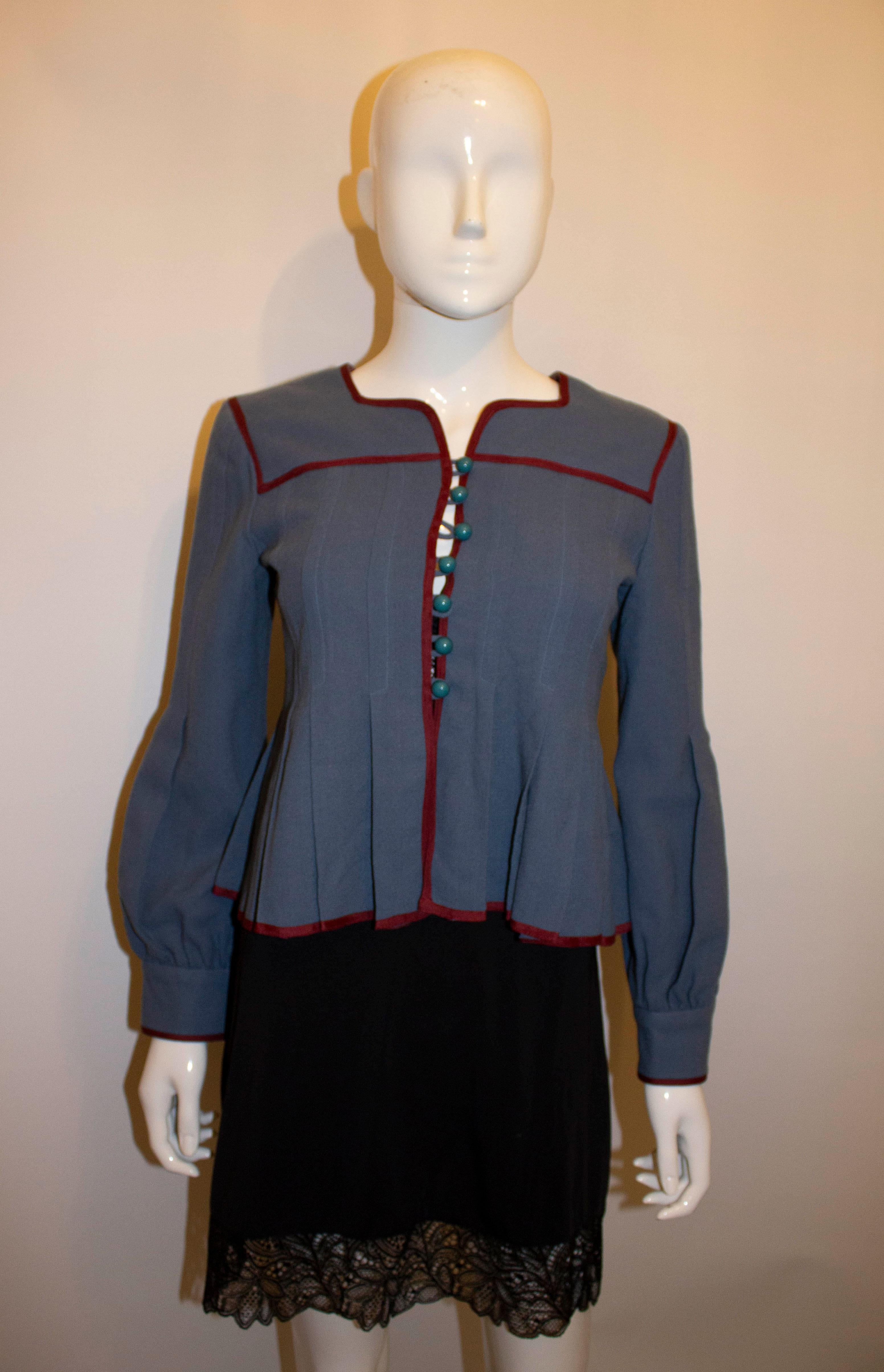 Women's Vintage Bill Gibb Dove Grey Wool Jacket with Red Trim