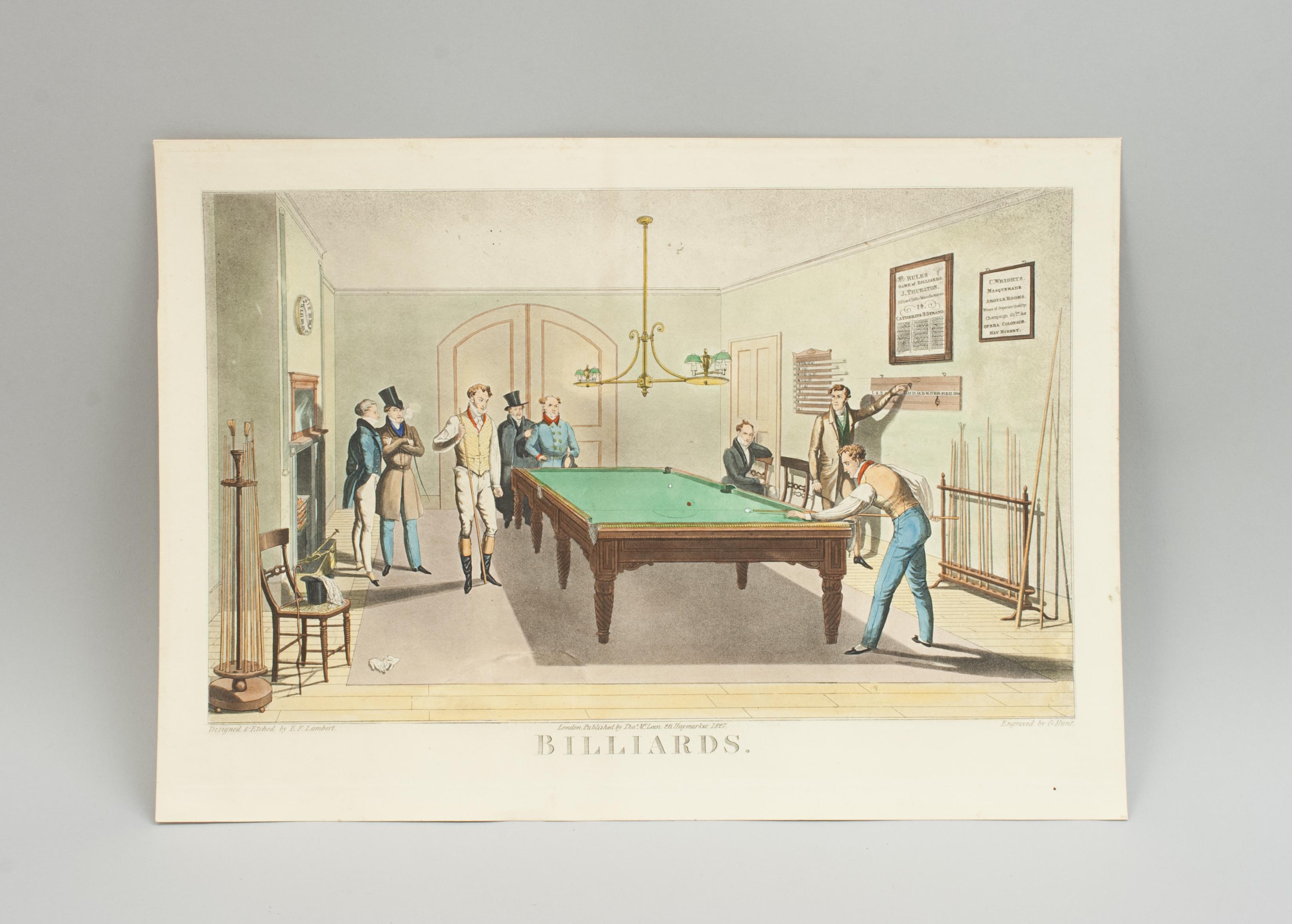 E.F Lambert Billiards Engraving.
An unframed, hand coloured lithograph, 20th century reproduction print taken from the original plate designed and etched by E.F. Lambert. The picture depicts a group of men in the throws of a billiard match. Two