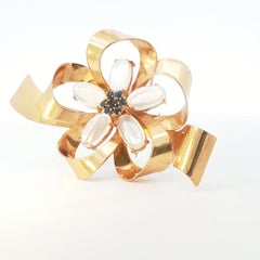 Vintage Binder Brothers Moonstone Sapphire Ribbon Brooch 14K Gold Floral 1950s