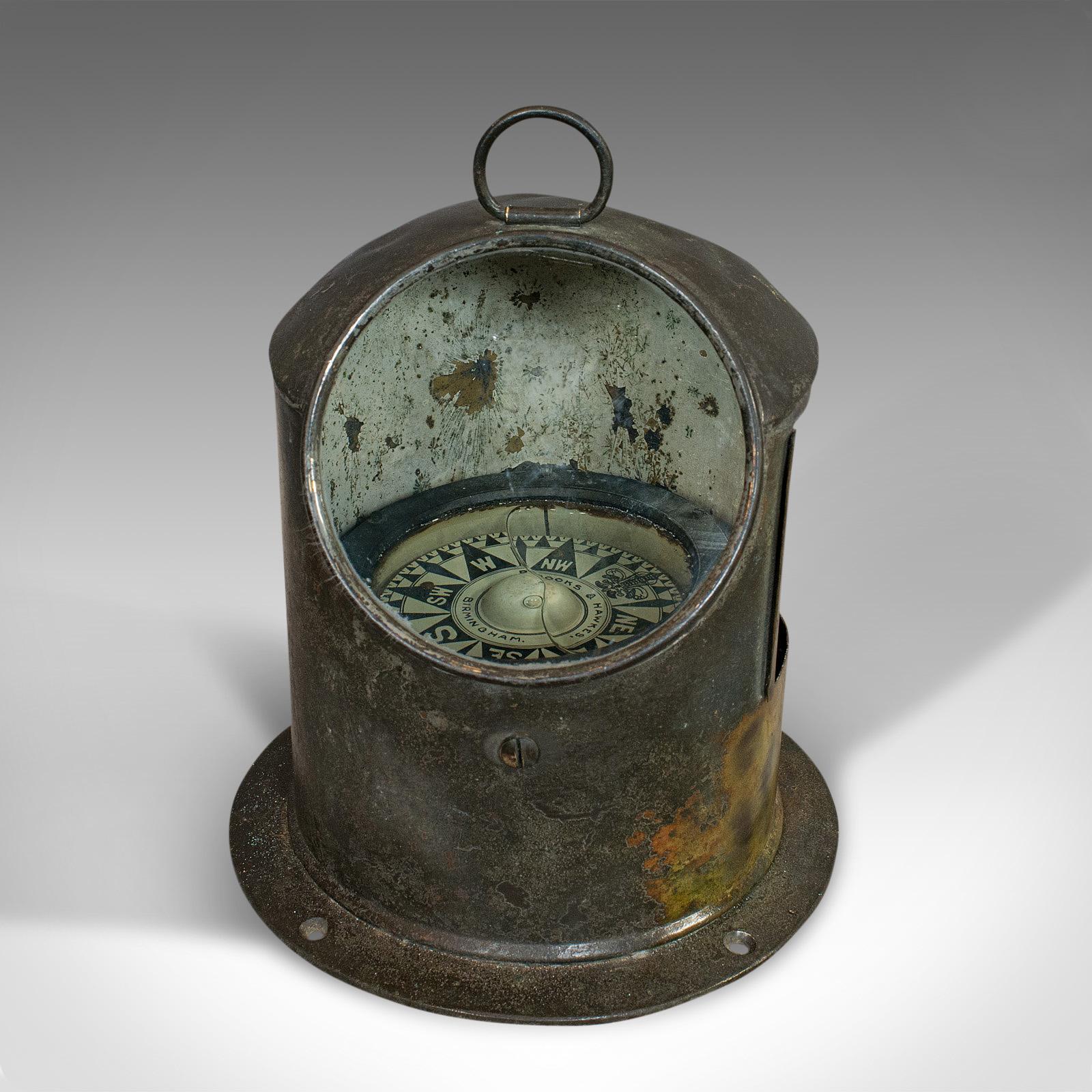 This is a vintage binnacle compass. An English, brass maritime navigation instrument, dating to the early 20th century, circa 1930.

Fascinating maritime instrument
Displays a desirable aged patina
Weathered brass commensurate with age - one
