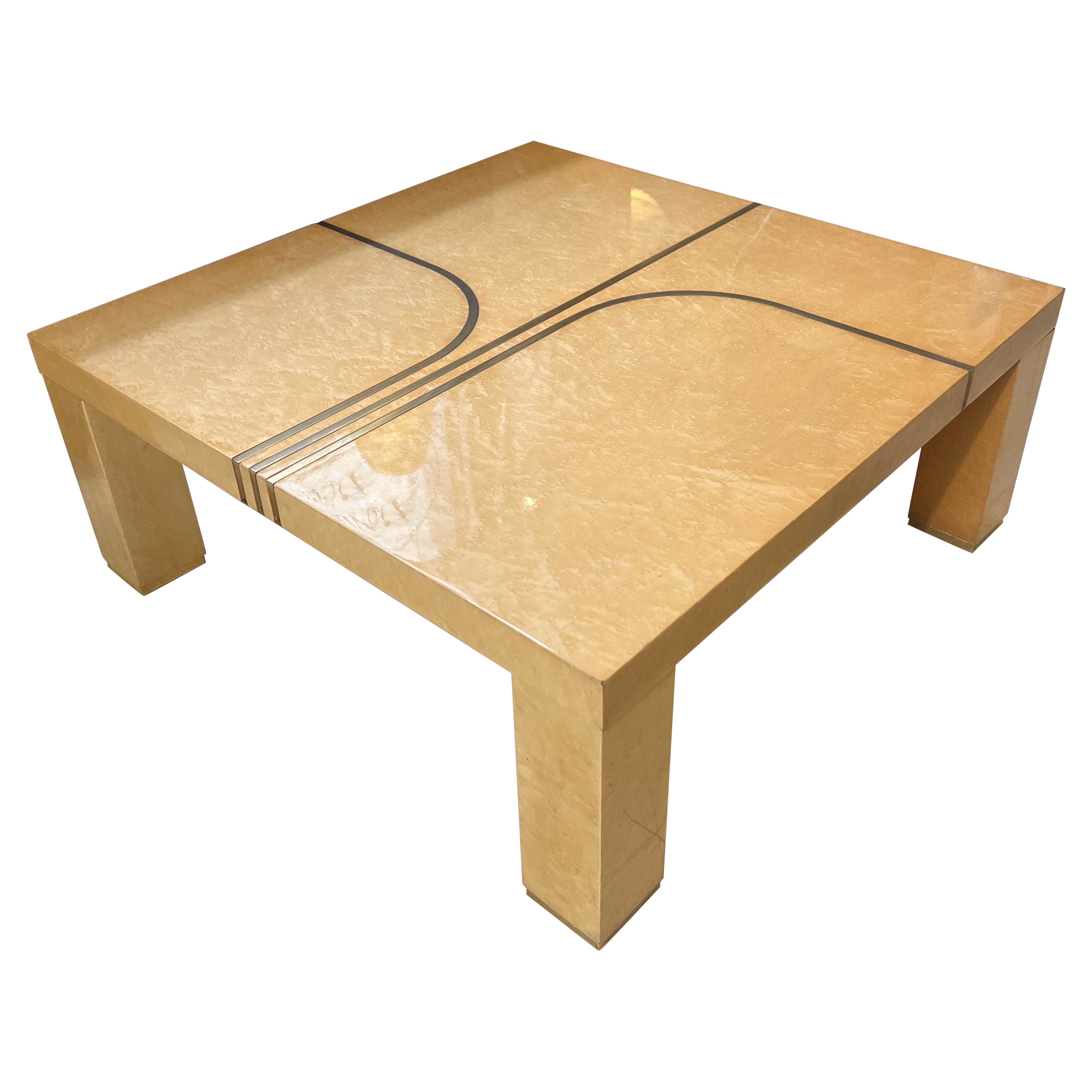 Vintage Birch Burl Coffee Table with Brass Inlays, 1970