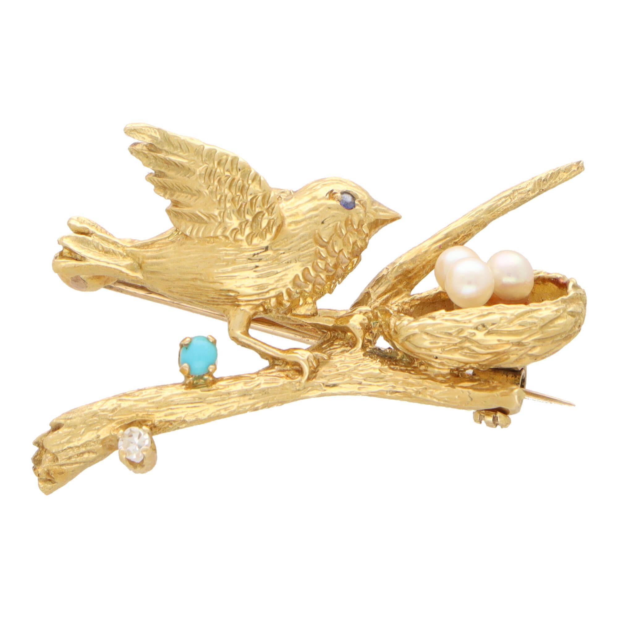 Modern  Vintage Bird and Nest Brooch With Pearls, Turqouise and Diamond in 18k Gold