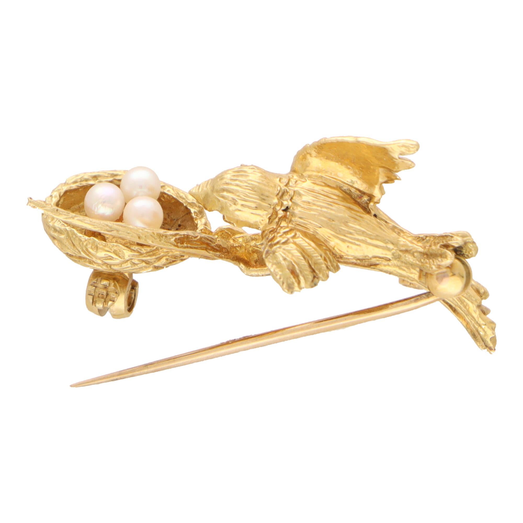 Round Cut  Vintage Bird and Nest Brooch With Pearls, Turqouise and Diamond in 18k Gold
