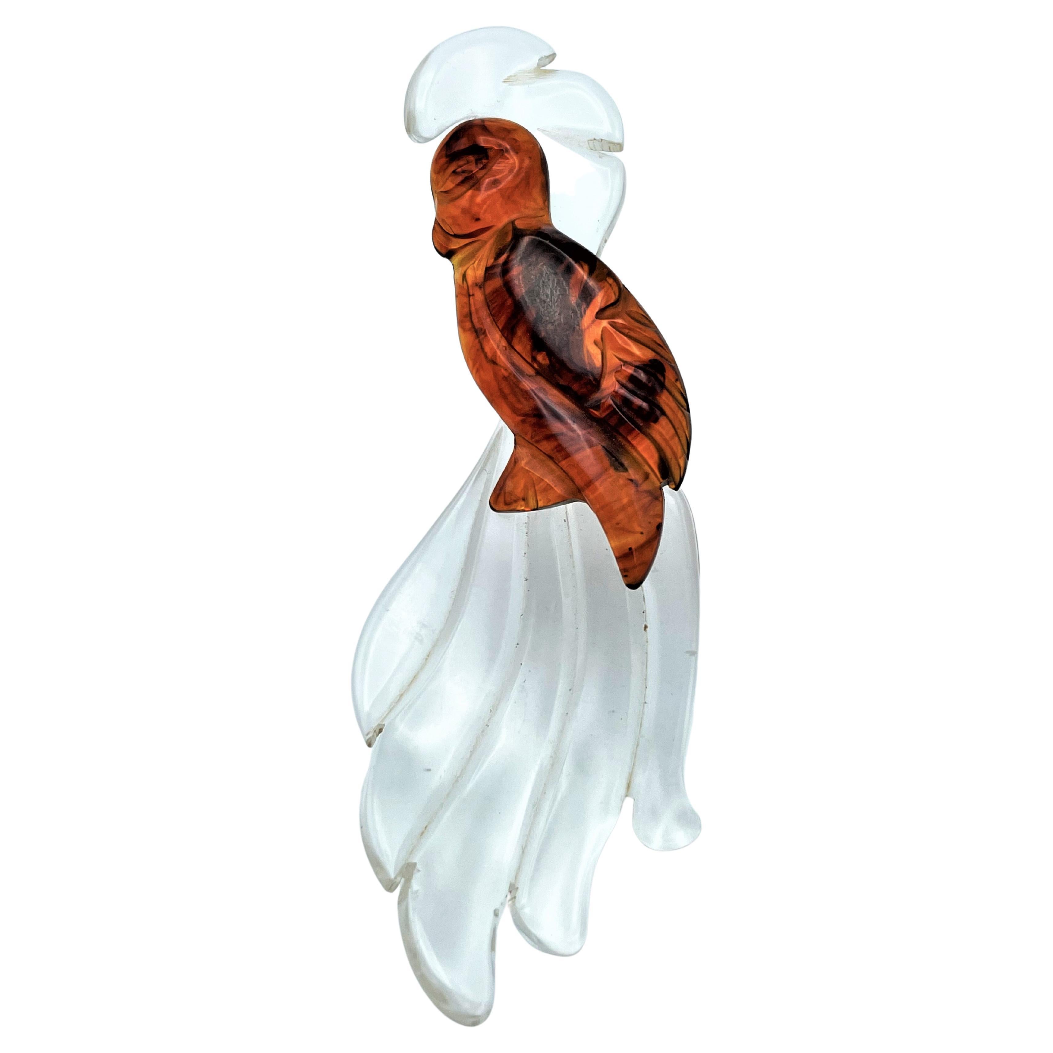 Vintage bird  brooch made of Lucite and brown Bakelite from the 1930/40s USA For Sale
