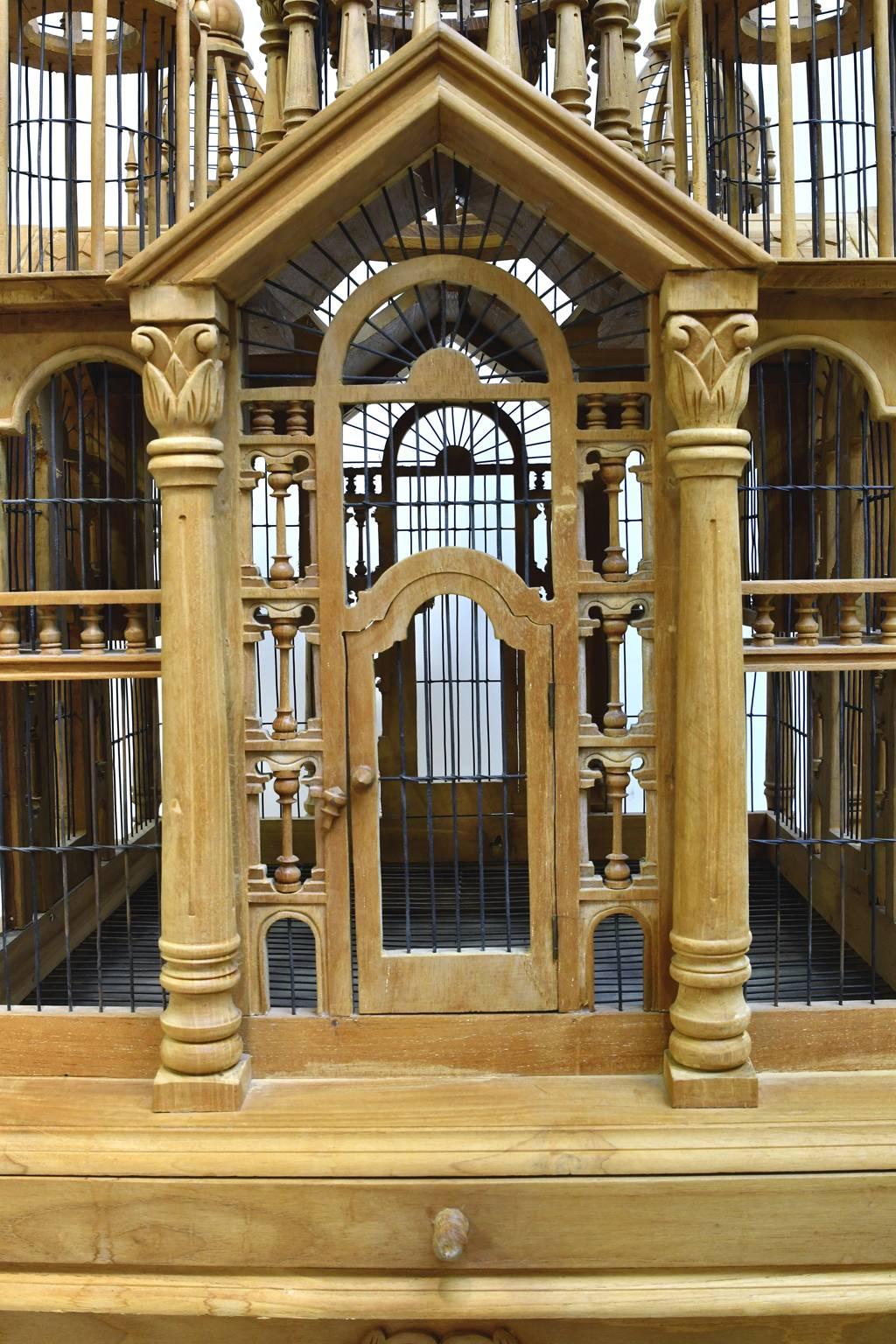 Carved Vintage Bird Cage in Teak Wood with Teak Table Base