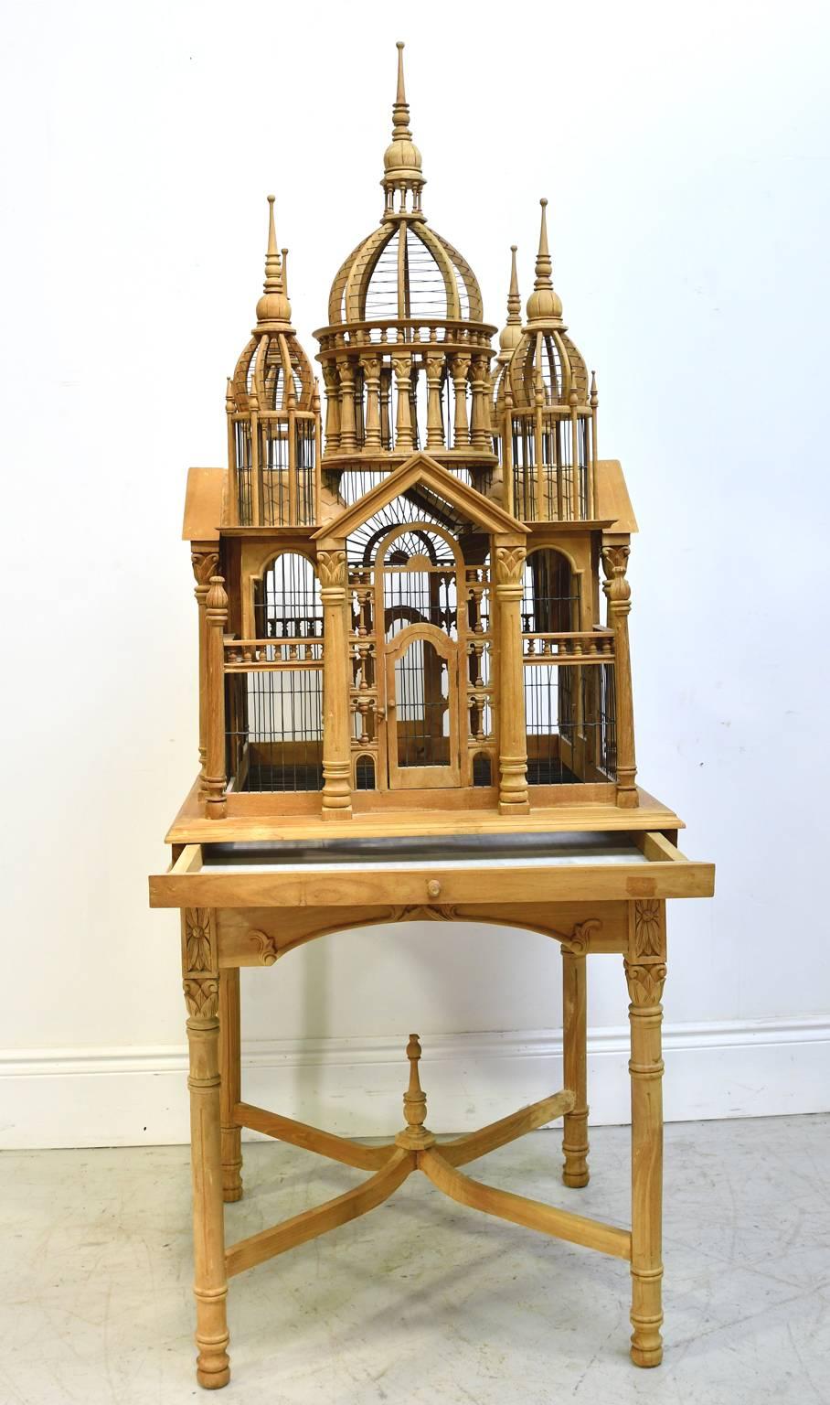Vintage Bird Cage in Teak Wood with Teak Table Base In Good Condition In Miami, FL